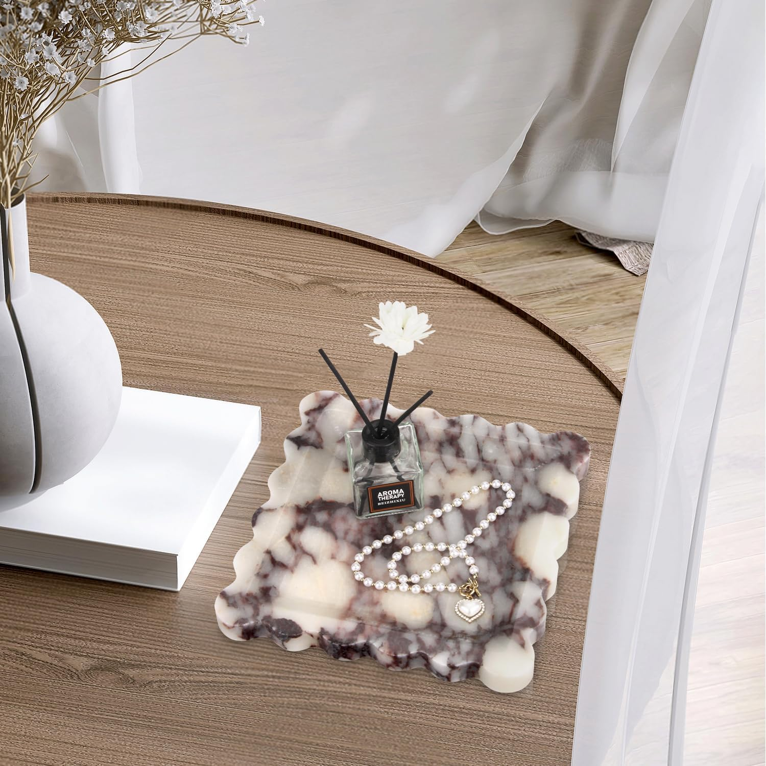 Square Marble Decorative Tray with Scalloped Edge,Luxury Natural Italian Stone Bathroom Vanity Tray, Dresser Top Perfume Coffee Home Sink Tray, Key Trinket Ring (Turkey Calacatta Viola, 8 * 8) image number 2