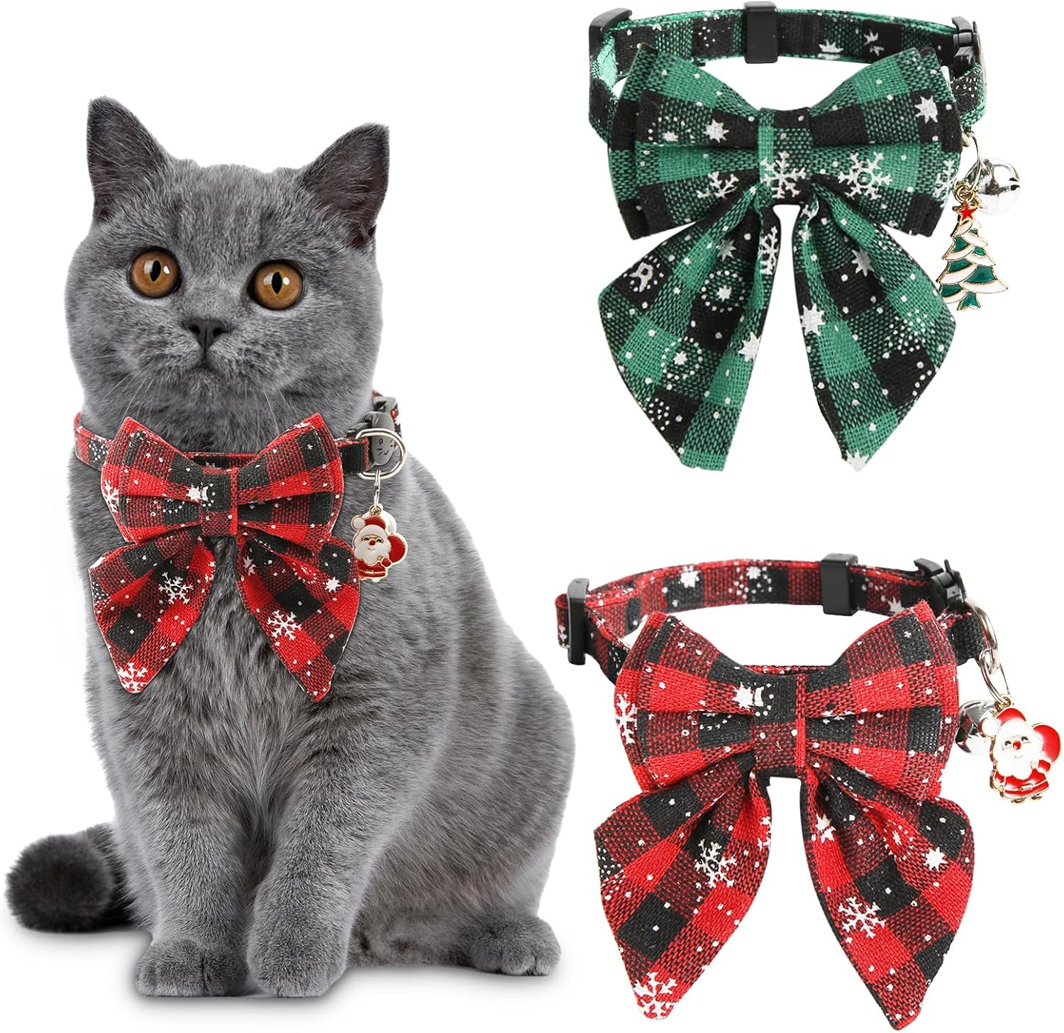 PEUTIER 2Pcs Christmas Cat Collar, Festive Cat Collar with Bells, Removable Bow Tie, Breakaway Safety Buckle, Red, Green, 18-29Cm/7-11.4 Inches image number 2