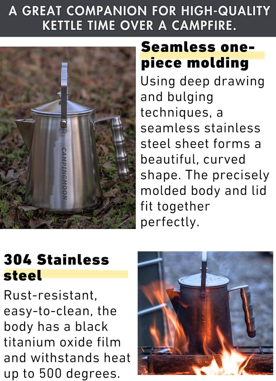 CAMPINGMOON 1.5L Campfire Kettle Stainless Steel Camping Coffee Pot Full Capacity 1.86L SW-6 image number 5