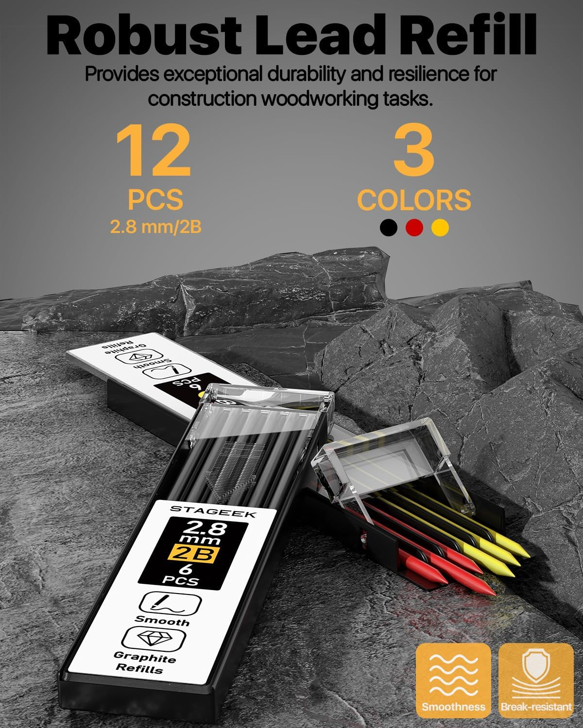 STAGEEK Carpenter Pencils Set with Sharpener, Heavy Duty Woodworking Tools with 13 Refills (Red, Black, Yellow), Construction Pencil and Deep Hole Long Nib Marker Pen for Architect Marking with Case image number 3