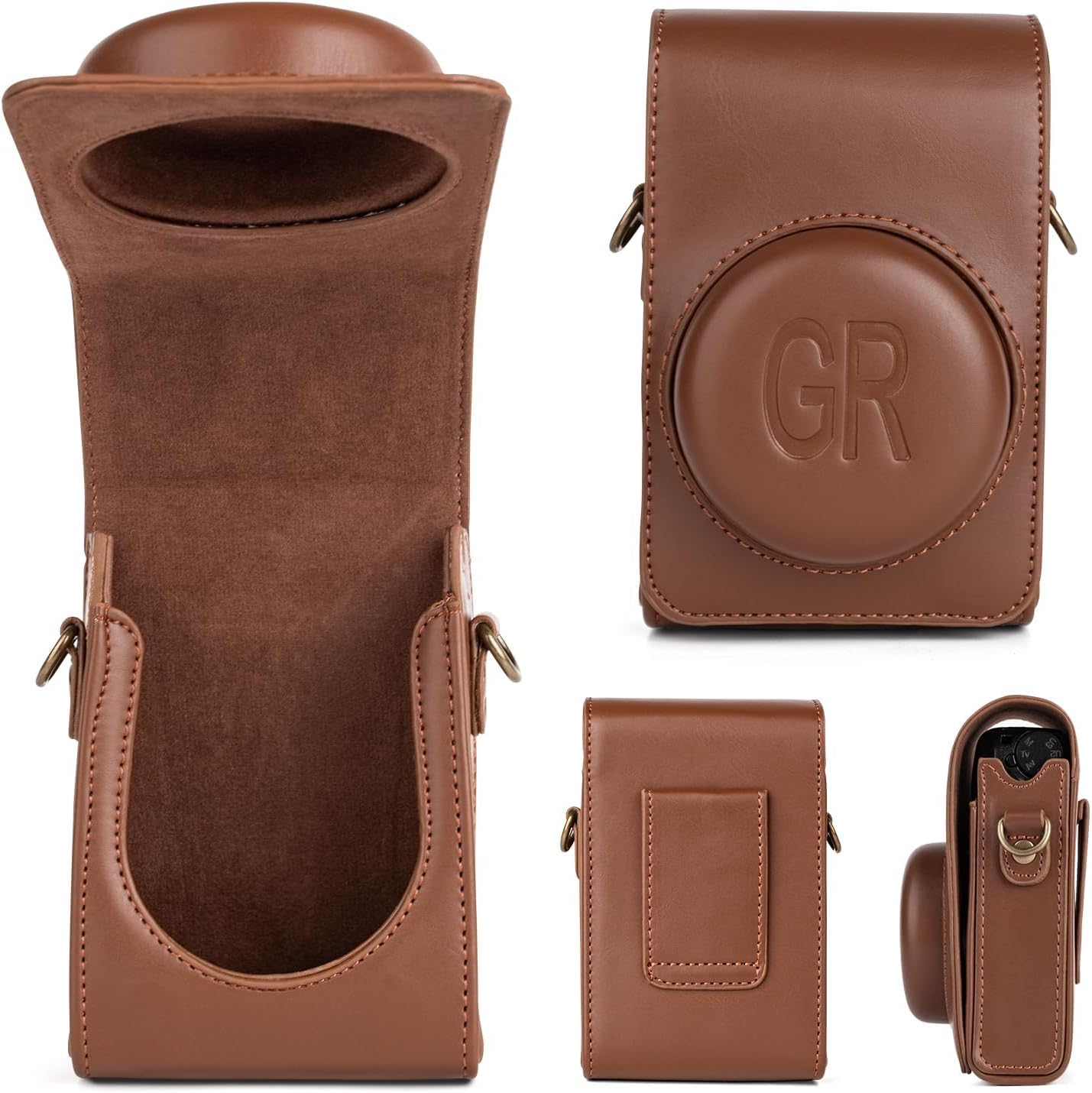 Camera Case, for Ricoh GR, GR II, GR III, GR3X Digital Camera, Adjustable Shoulder Strap, PU Leather Embossed Pattern, Protective Case, with Detachable Top Cover, Retro Style GR Camera Case (Coffee) image number 6
