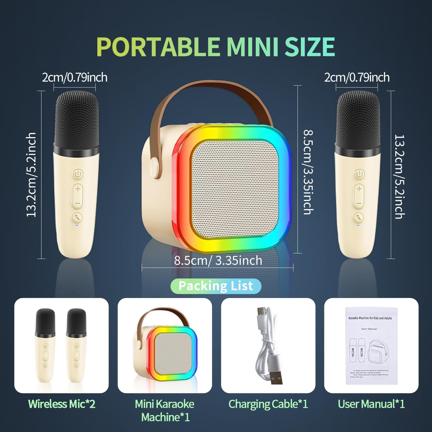 Mini Karaoke Machine for Kids Adults, Portable Bluetooth Karaoke with 2 Wireless Microphones, Home Party Karaoke Speaker Support SD Card/Usb, Birthday Gifts for Girls Boys Friends Age 3-12+ (Beige) image number 2