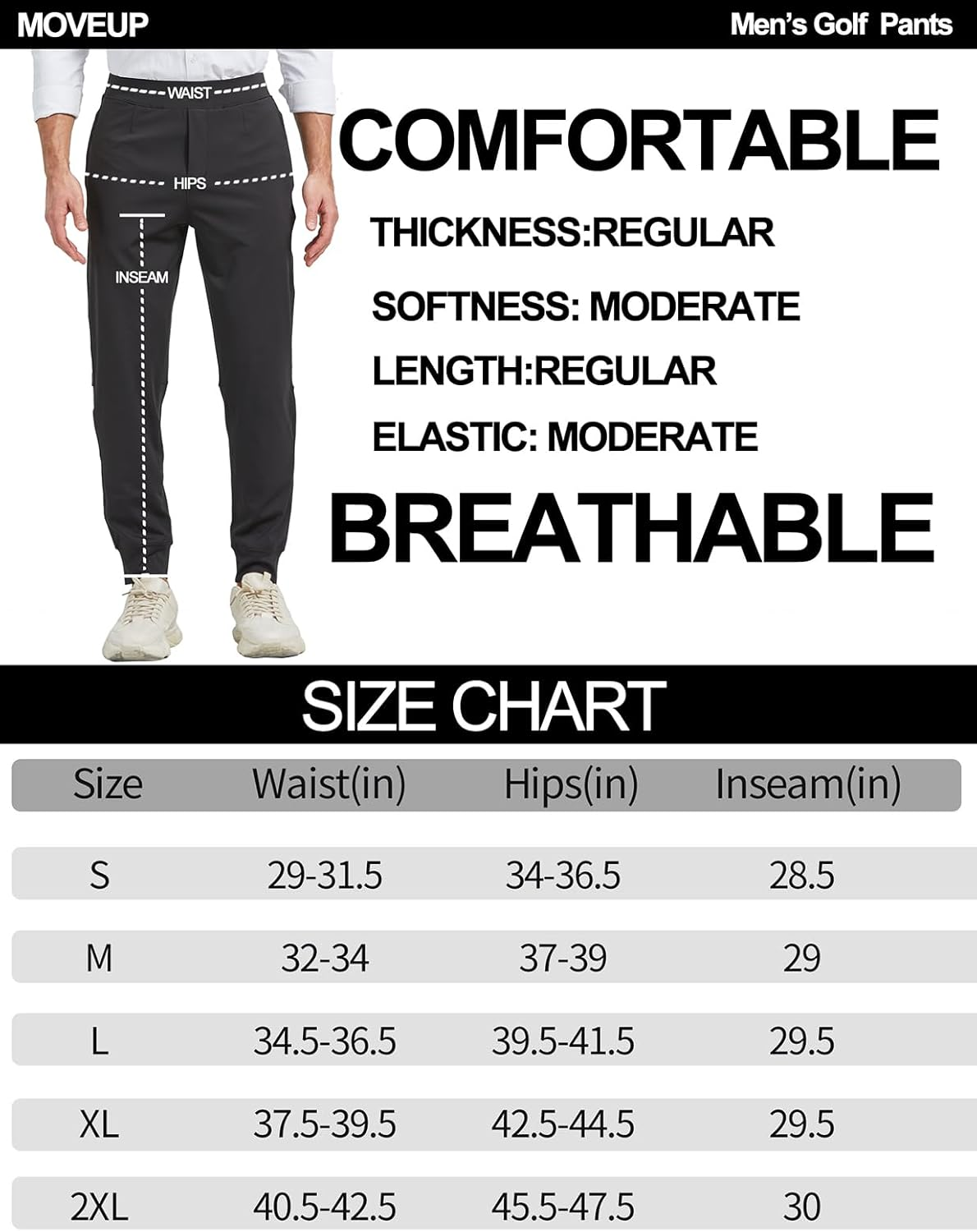 MOVEUP Men'S Stretch Golf Sweatpants Pant with Zipper Pockets Tapered Athletic Joggers Track Workout Pants