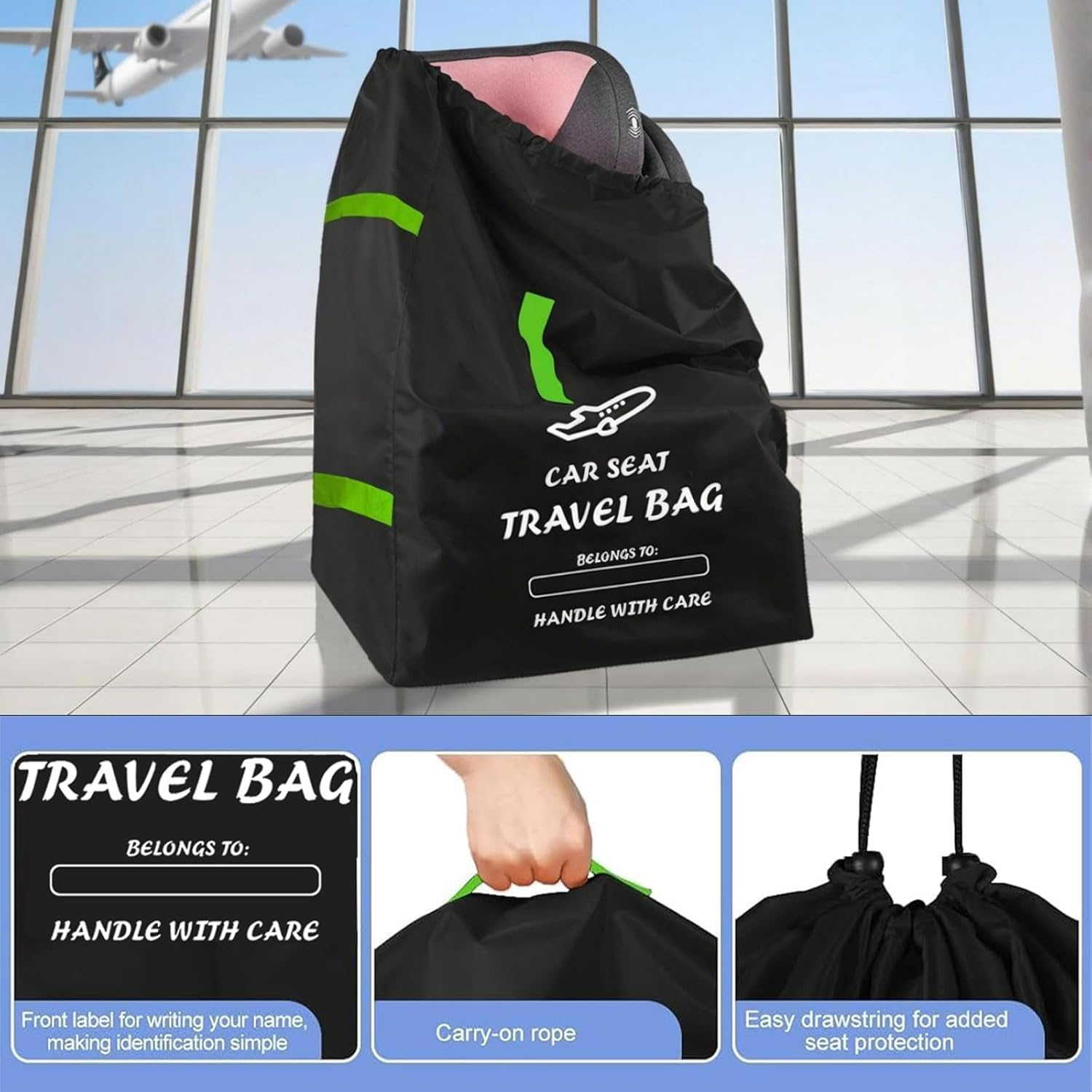 Durable Car Seat Travel Bag for Airplane & Stroller Bag - Large Tear & Water Resistant Gate Check Bag, Fits Convertible Car Seats or Double Strollers, Padded Easy Carry Protector for Air Travel image number 2