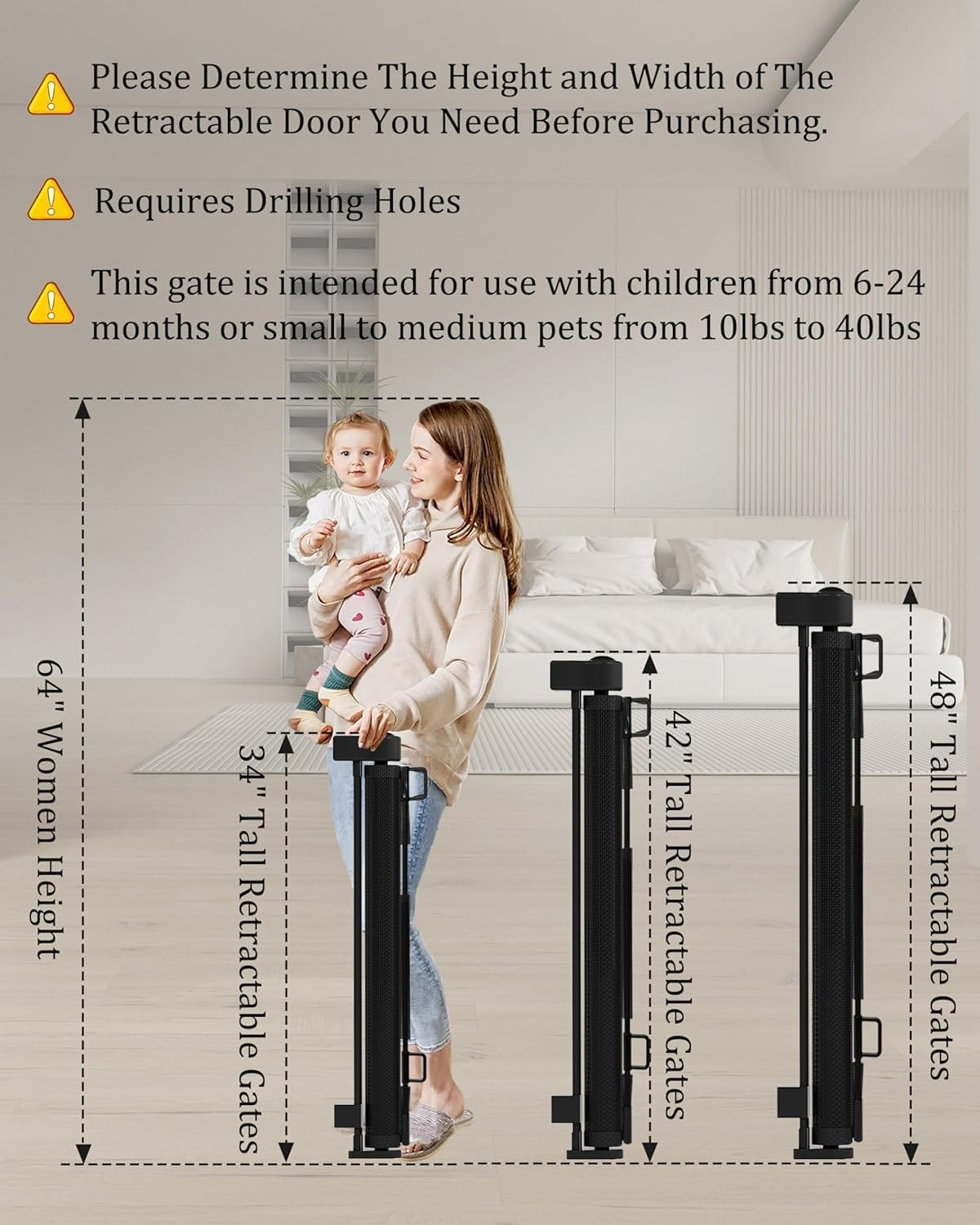 Retractable Baby Gate Retractable Driveway Gate 34" High Extends to 71" Wide Baby Gate Stairs Doorways Indoor Retractable Gate Outdoor Extra Wide for Enhanced Safety Mesh Baby Gate(86Cmx180Cm, Black) image number 4