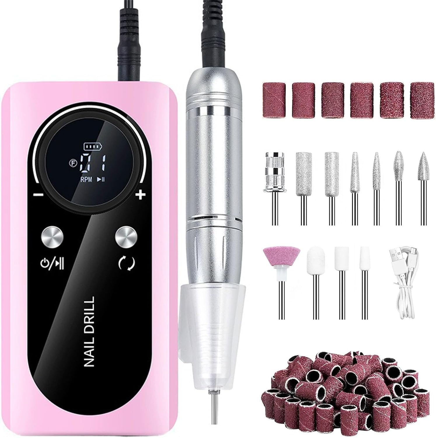 Oolong Nail Drill Machine 45000 RPM Rechargeable Electric Nail File E File 2000Mah Professional Acrylic Electric Nail Drill for Manicure Salon Home Acrylic Nails, Polishing, Manicure Pedicure Nail Tools,Pink