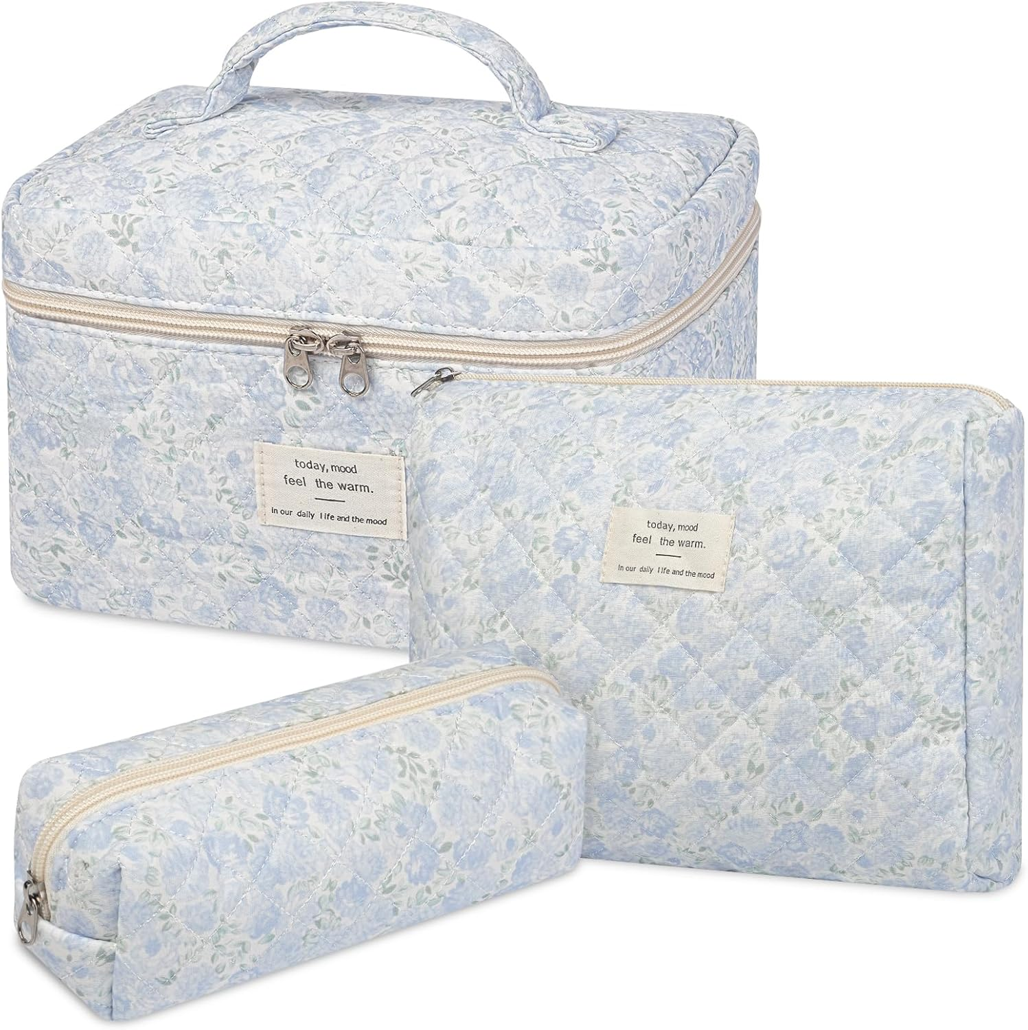 Senbowe Floral Makeup Bag, 3 Pack Large Cotton Quilted Makeup Bag Set, Cute Floral Coquette Aesthetic Toiletry Bag Make up Cosmetic Bag for Women, Toiletry Travel Make up Organizer Bag