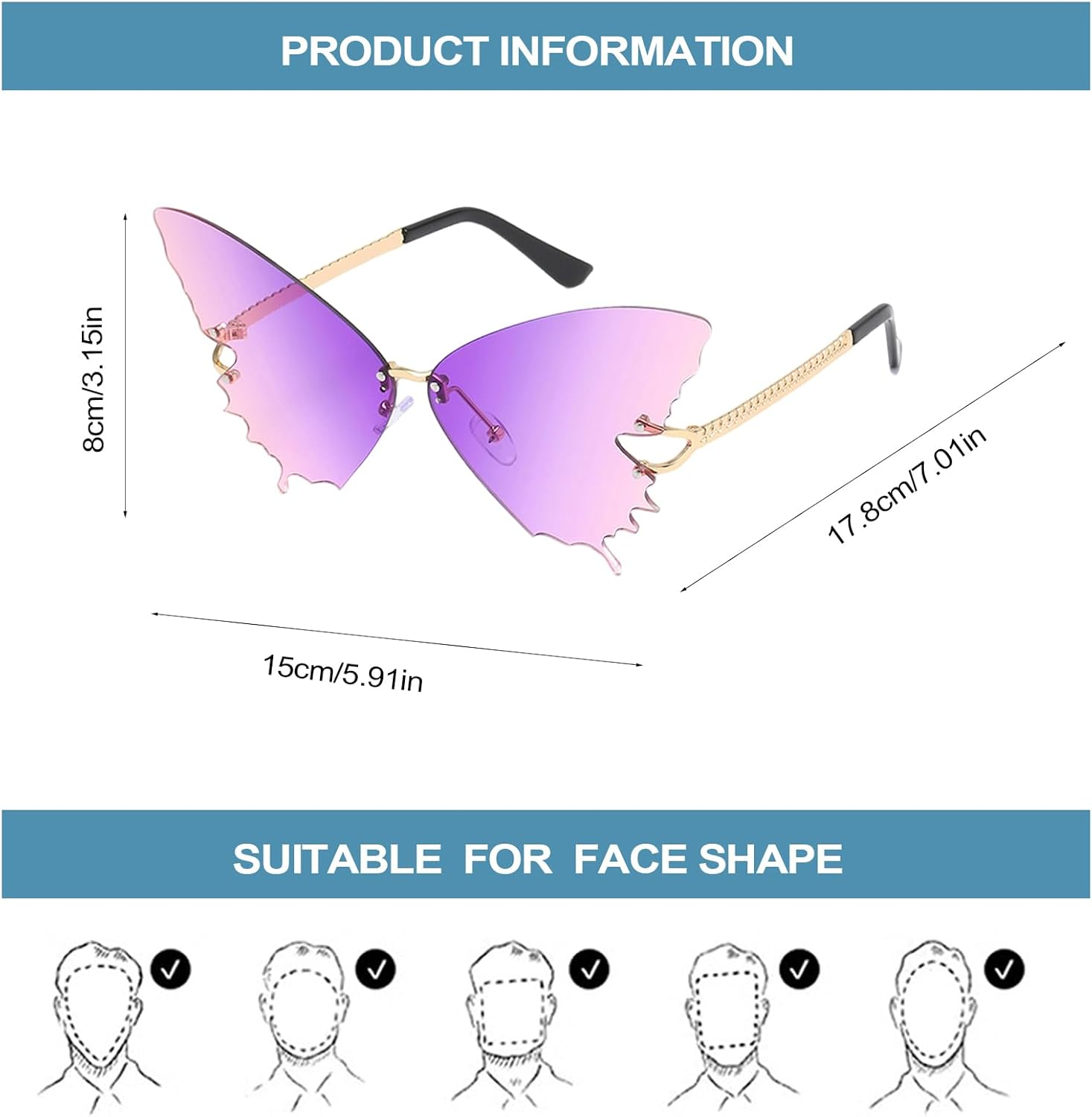 Qkbuza Butterfly Glasses - Trendy Eyeglasses - Butterfly Frameless Oversized Eyewear Anti-Glare Trendy for Women Driving Beach Vacation Summer Outdoor