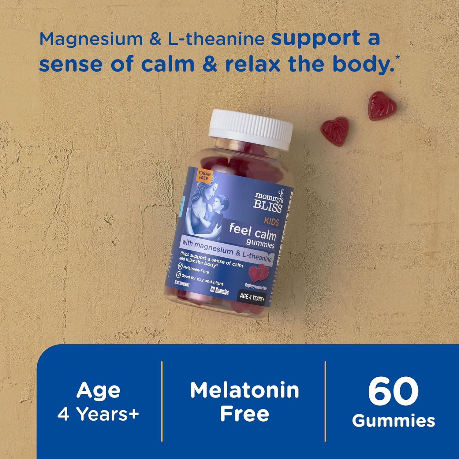 Mommy'S Bliss Kids Feel Calm Gummies, Support a Sense of Calm and Relax the Body, Made with Magnesium, L-Theanine, Sugar Free Raspberry Lemonade Flavor, Age 4+, 60 Gummies image number 6