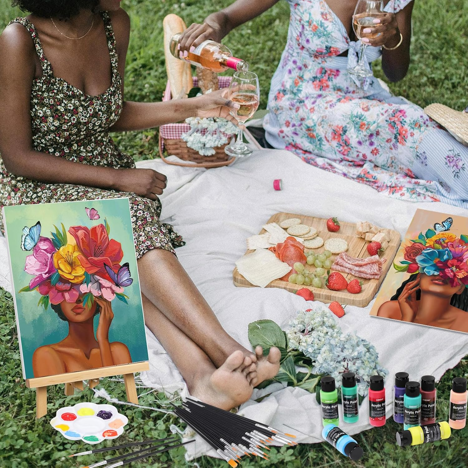 Amazingspark 6 Set Paint and Sip Kit for Adults 8"X 10" Pre Drawn Canvas for Painting Dly Acrylic Paint Set Canvas Panels Wood Easel, 24 Colors 60Ml 2Oz for Date Night Party Favors (Art Lady) image number 2