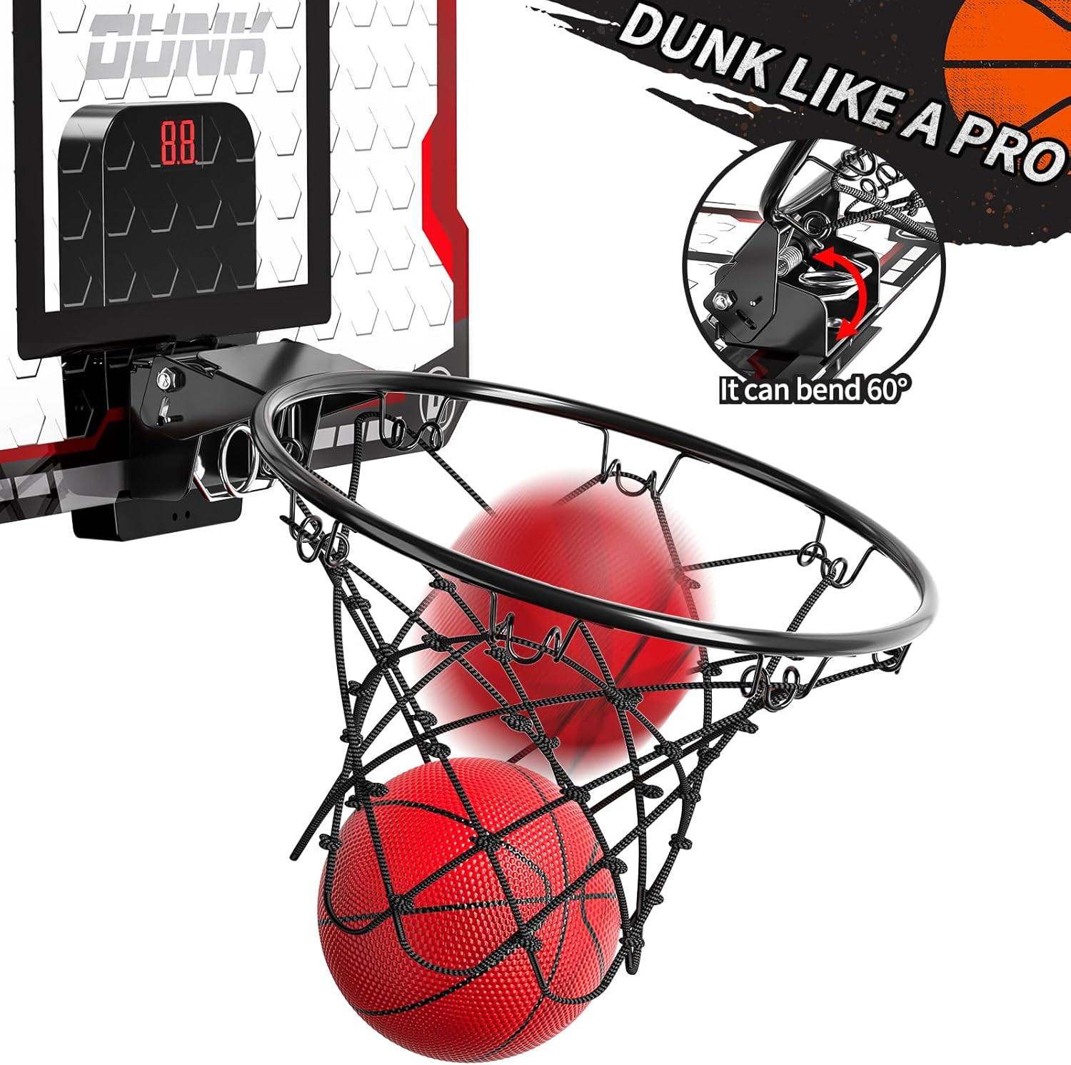 TEMI Indoor Basketball Hoop, Kids & Adults over the Door Hoop with 4 Balls, Electronic Scoreboard, Breakaway Rim, Red, Aluminium & Acrylic image number 3
