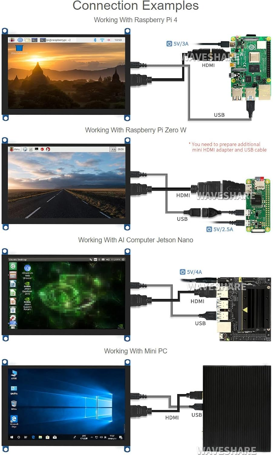 Waveshare 5 Inch HDMI Monitor Capacitive Touch Screen LCD 800X480 Supports Multi Mini Pcs like Raspberry Pi Jetson Nano BB Black - 7Inch Hdmi Lcd (H) (With Case) image number 3
