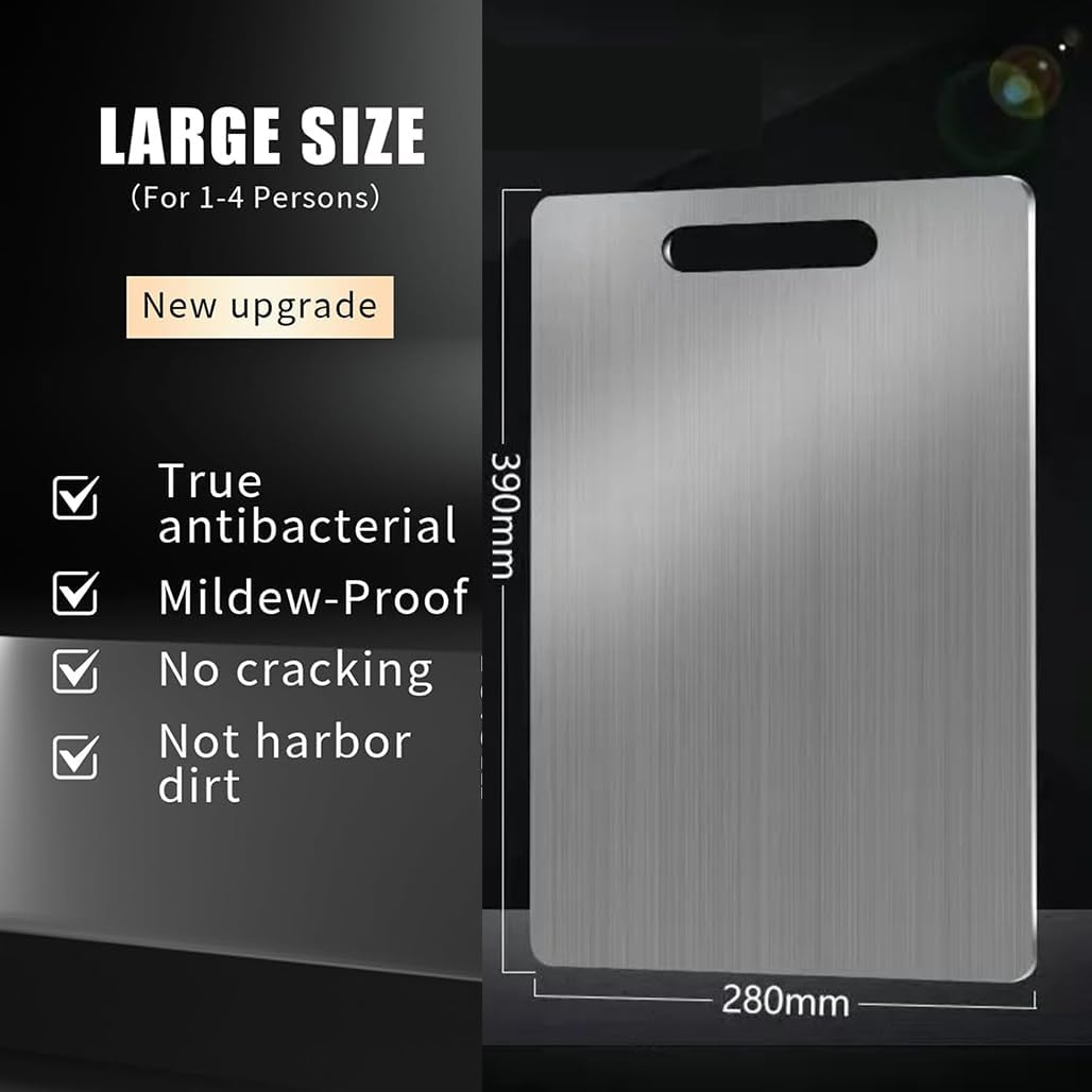 Goodern Titanium Cutting Board,Stainless Steel Double Sided Food-Grade Worktop Chopping Board with Hanging Hole,Non Stick Heavy Duty Metal Cutting Mat for Meat Vegetable Fruit Kitchen Home-L(28*39Cm) image number 3