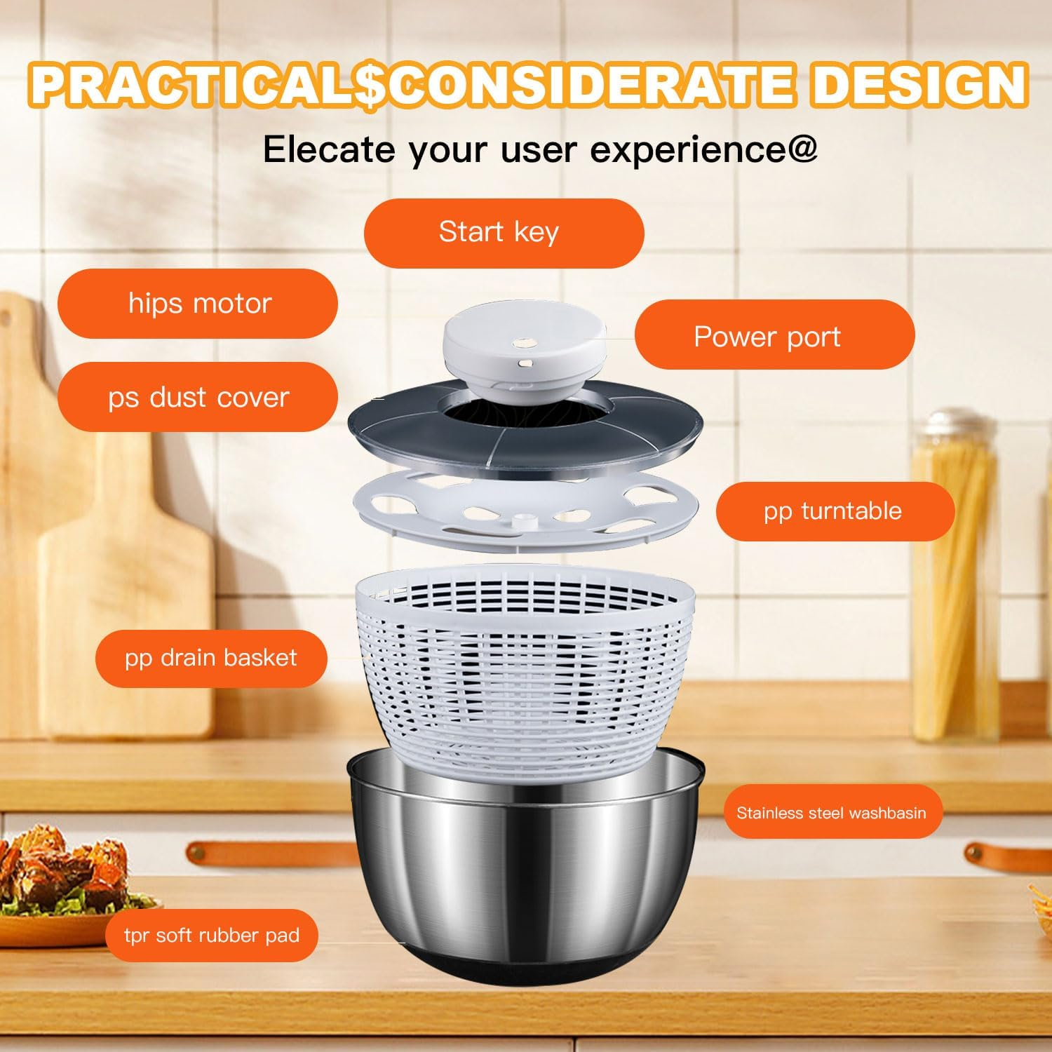 Salad Spinner, Stainless Steel Electric Vegetable Washer Dryer 4.5L Large Capacity Lettuce Spinner with Drainage Basket Salad Dryer Mixer for Vegetables, Herbs, Berries image number 5
