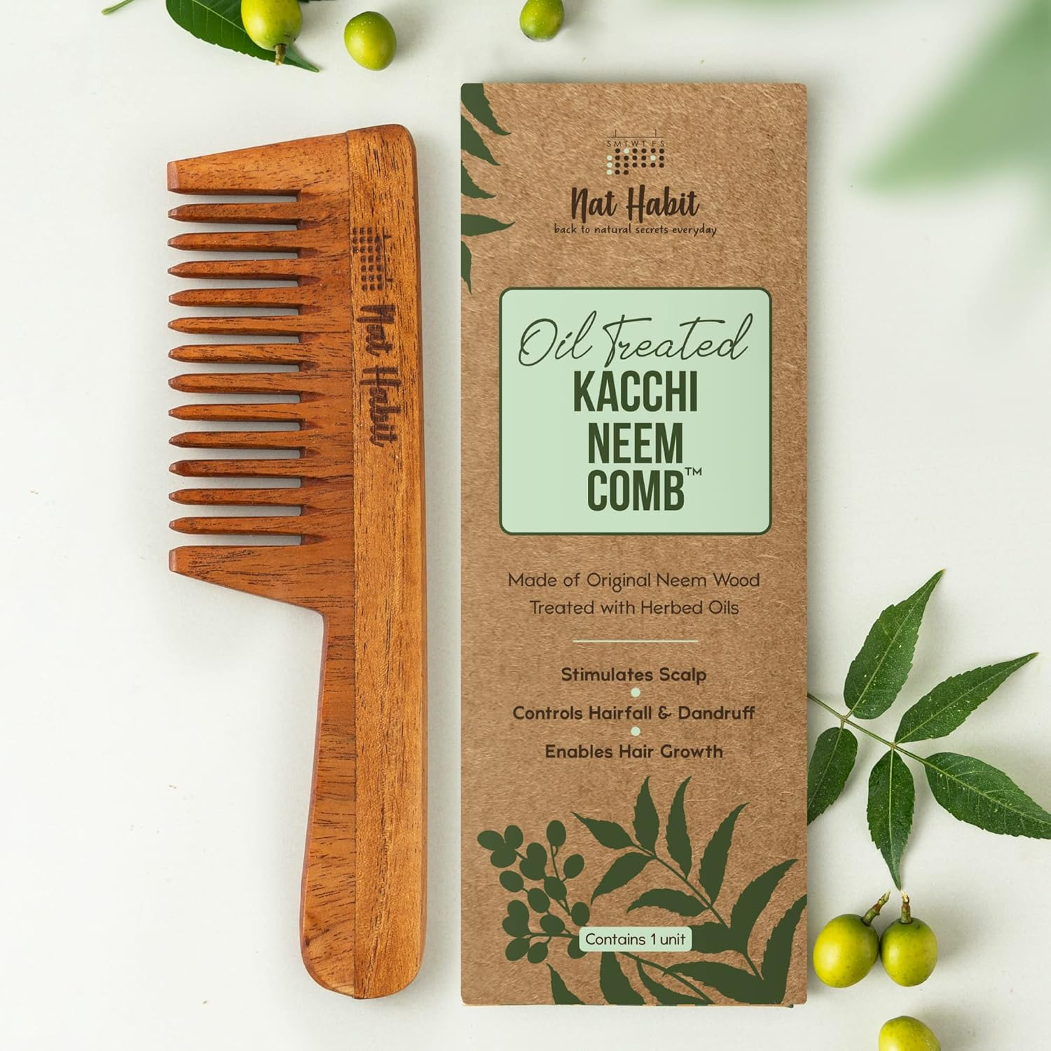 Nat Habit Wide Tooth Wooden Kacchi Neem Comb & Henna Paste Soaked in Blacktea and Herbs for Hair Growth, Hairfall Control & Hair Smoothening (Combo Pack of 3) image number 3