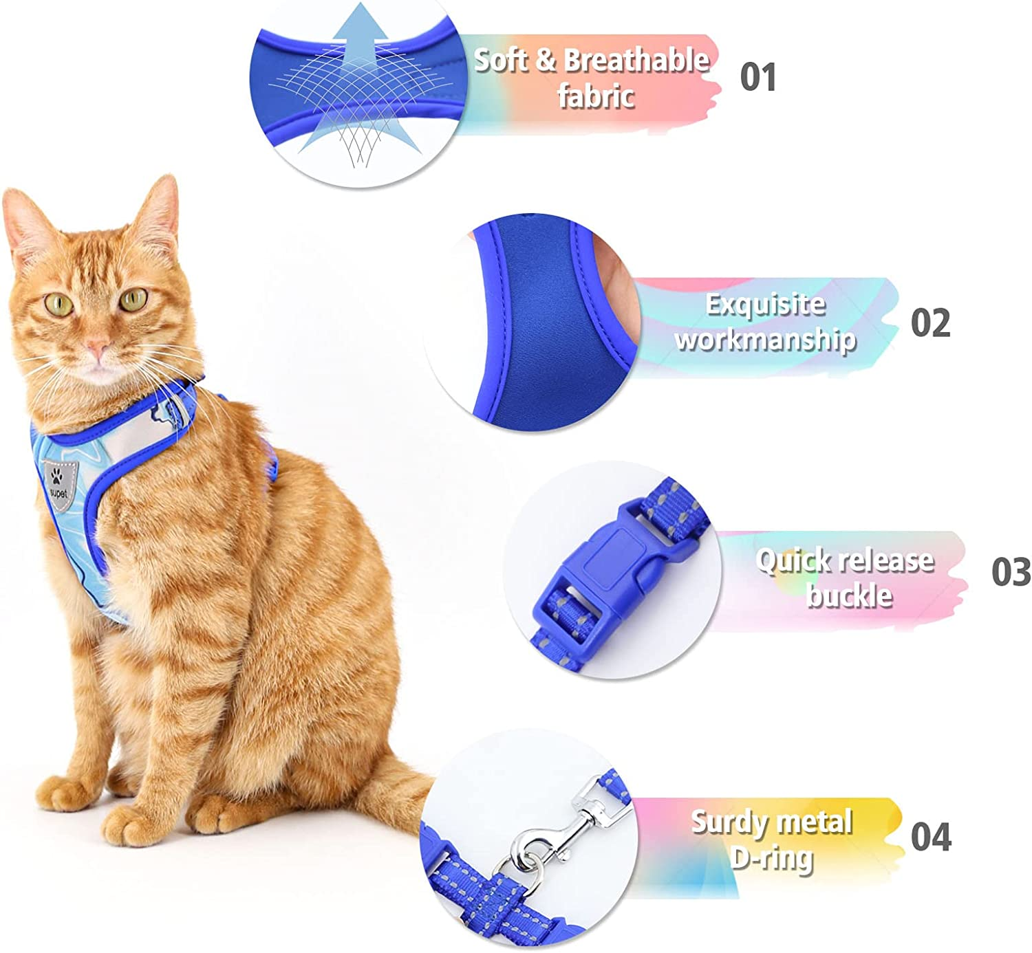 Supet Cat Harness and Leash Escape Proof, Adjustable Breathable Vest with Reflective Trim for Large Small Cats Kittens Puppies image number 7