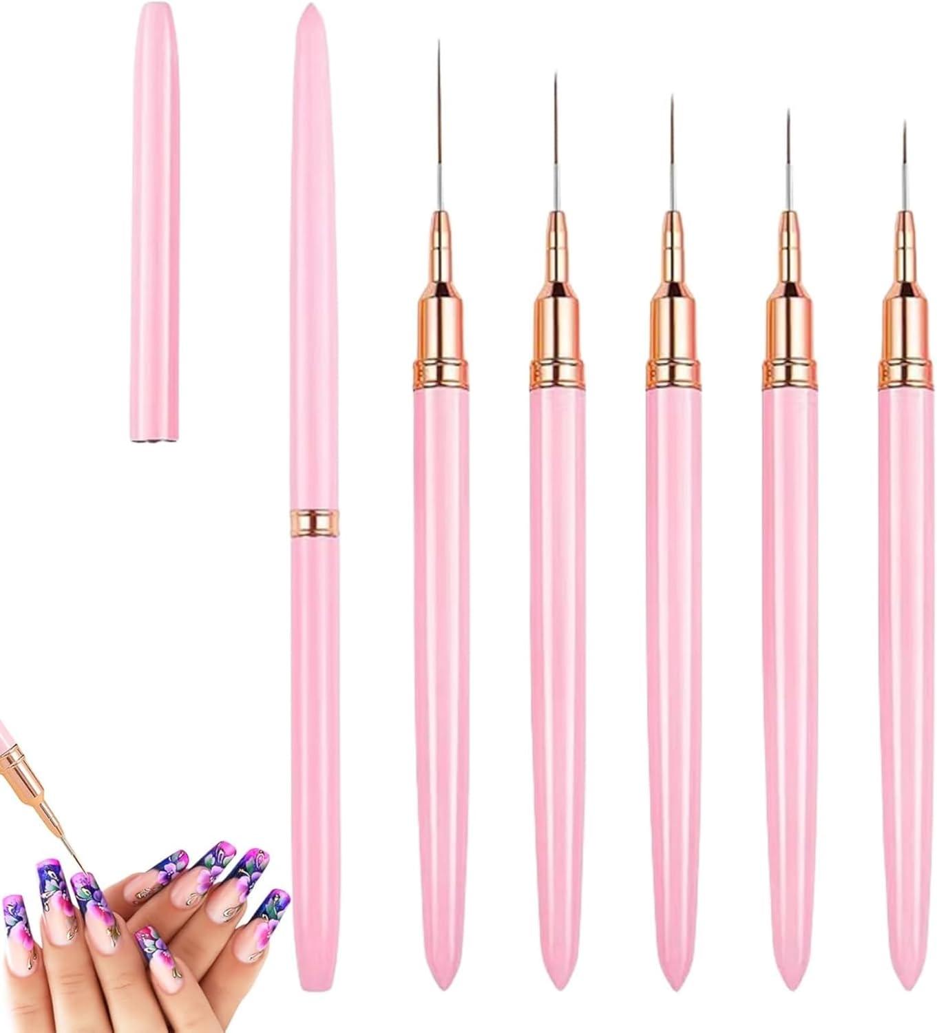5 Pcs Nail Art Liner Brushes, Nail Art Brush for Long Lines, Liner Brush UV Gel Polish Painting Nail Design Brush Metal Handle Nail Drawing Pens, Sizes 5/8/12/20/25Mm image number 3