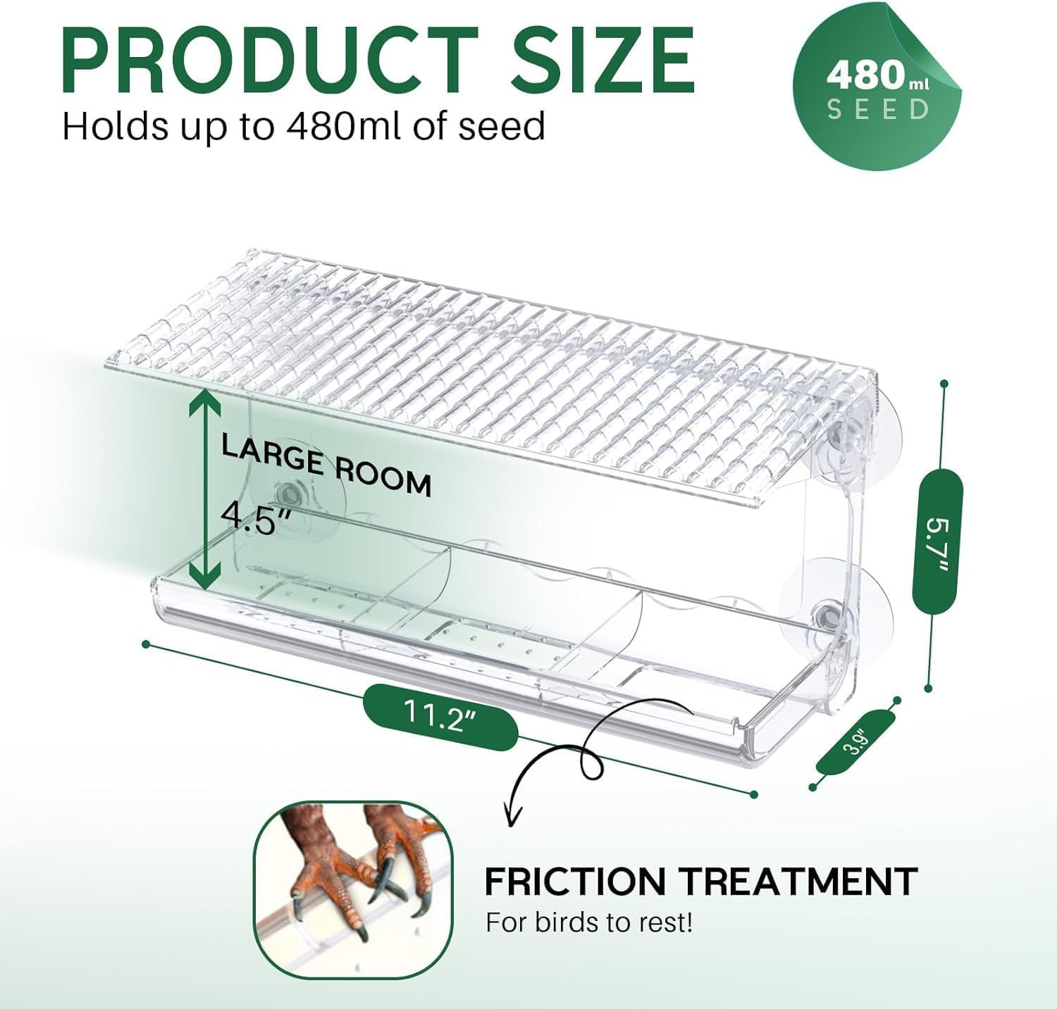 Window Bird Feeder, Clear Bird Feeders Window Mounted with Strong Suction Cups, Transparent Bird House outside Wild Bird Watching for Outdoors, Garden, Yard, Elderly Kids Viewing image number 2