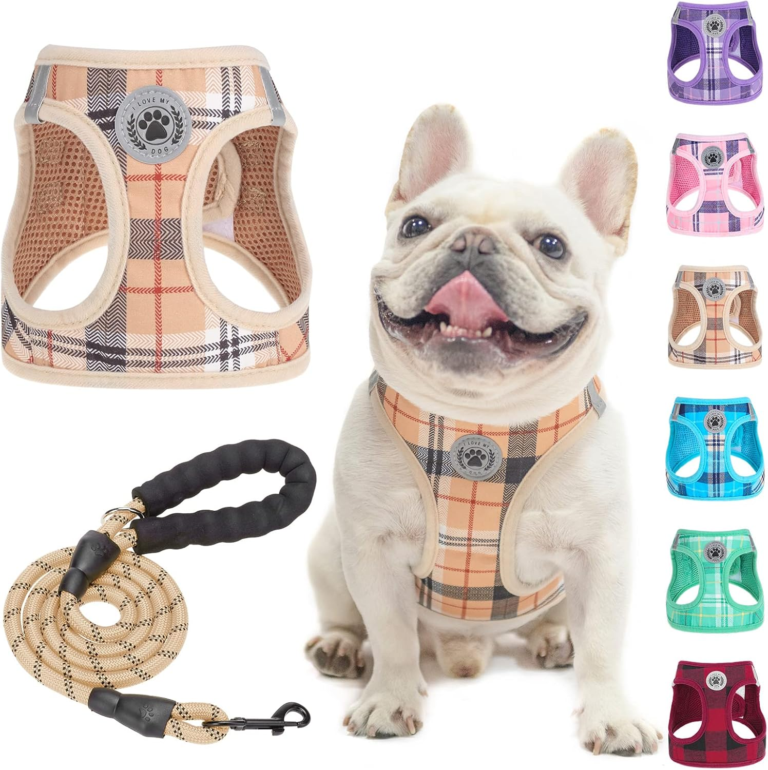 BEAUTYZOO Small Dog Harness and Leash Set,Step in No Choke No Pull Soft Mesh Dog Harnesses Reflective for Extra-Small Medium Puppy Dogs and Cats, Plaid Dog Vest Harness for XS S Pets, Grey XS