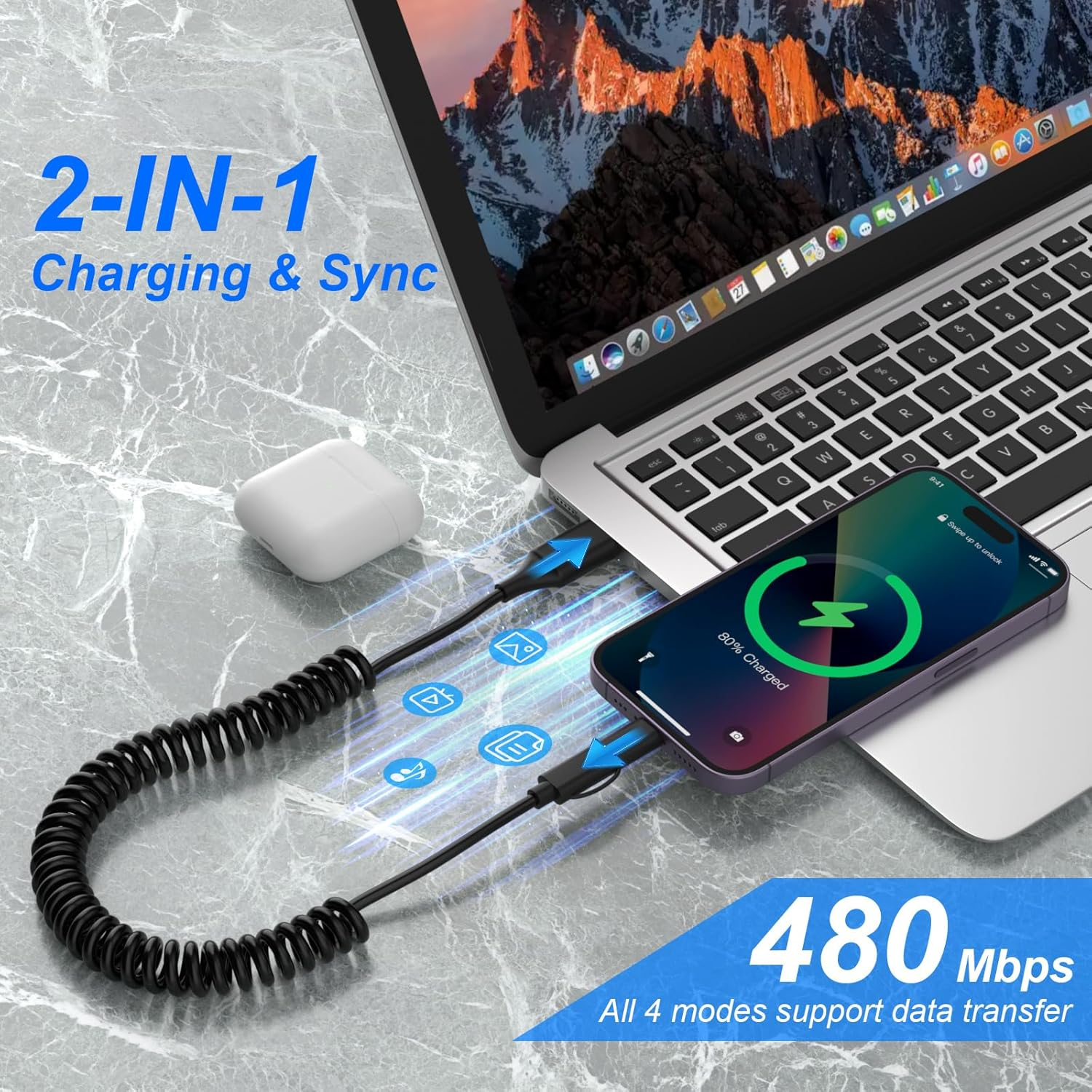 4 in 1 USB C and Lightning Cable [Mfi Certified]60W Fast Charging & Data Sync Apple Carplay & Android Auto,Coiled Multi Charging Cable Combo Lightning/Type C/USB a Ports for Iphone/Android/Ipad/Laptop image number 1