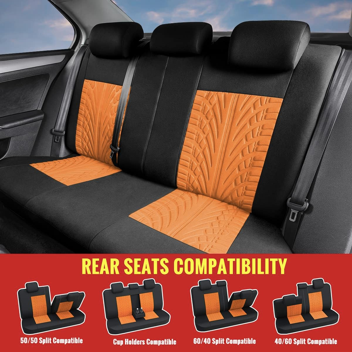AUTOYOUTH Car Seat Covers Universal Fit Full Set Car Seat Protectors Tire Tracks Car Seat Accessories - 9PCS, Black/Red (Orange) image number 4