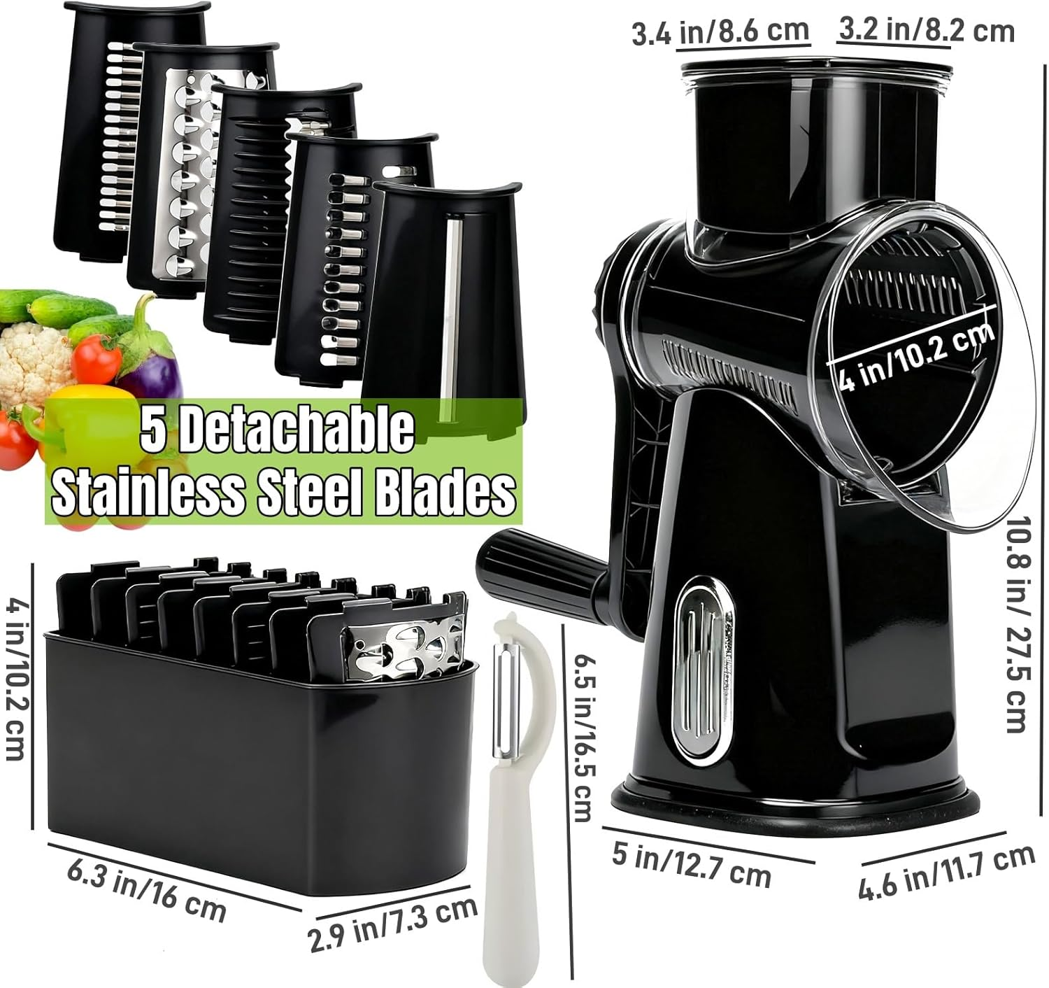 CHDEXU Rotary Cheese Grater with Handle, Manual Vegetable Slicer Grater with 5 Detachable Stainless Steel Blades, round Graters Slicer Hand Crank Food Chopper for Kitchen with Blade Storage Box - Black image number 2