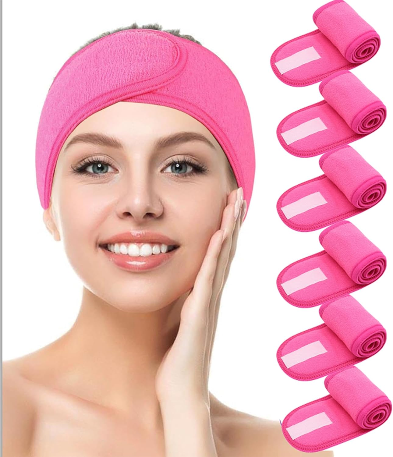 LF Line Spa Headband 6 Pack Ultra Soft Adjustable Face Wash Headband Terry Cloth Stretch Make up Wrap for Face Washing, Shower, Facial Mask, Yoga Pink
