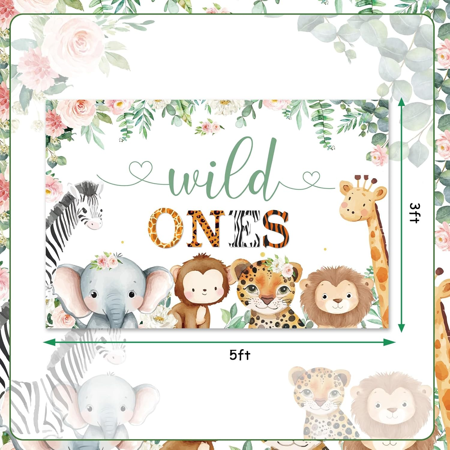 Wonmelody Wild Ones Birthday Decorations Twins 5*3 Ft Wild Ones 1St Birthday Backdrop Banner Jungle Twins 1St Birthday Decor Twins Birthday Party Decorations for Jungle Safari Cute Animals 1St Party image number 3