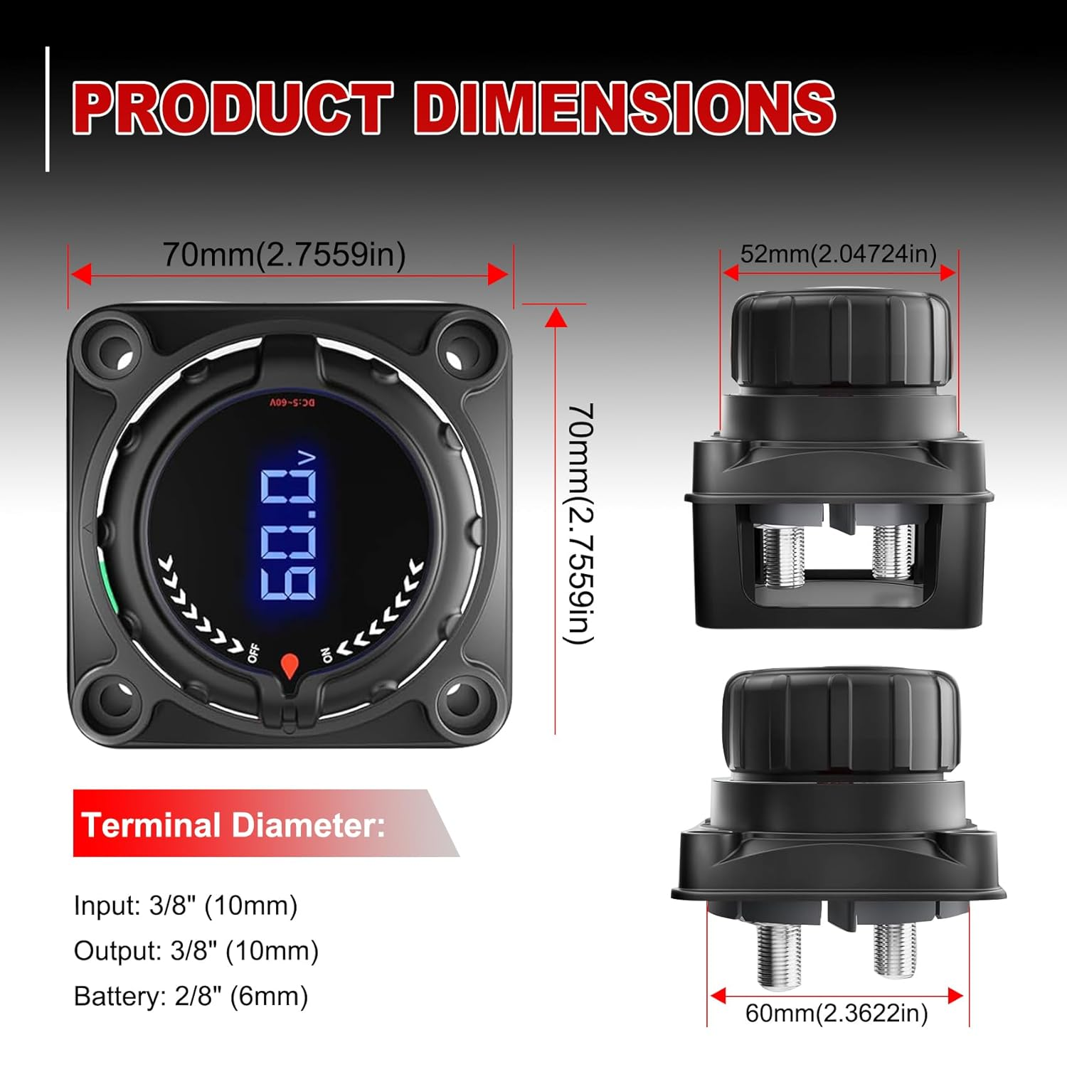 Upgrade Battery Disconnect Switch with Digital Voltage Display, DC 5-60V, Power Master Isolator Cut off Switch for Car Truck Marine Boat RV Camper Trailer, Black (On/Off) image number 3