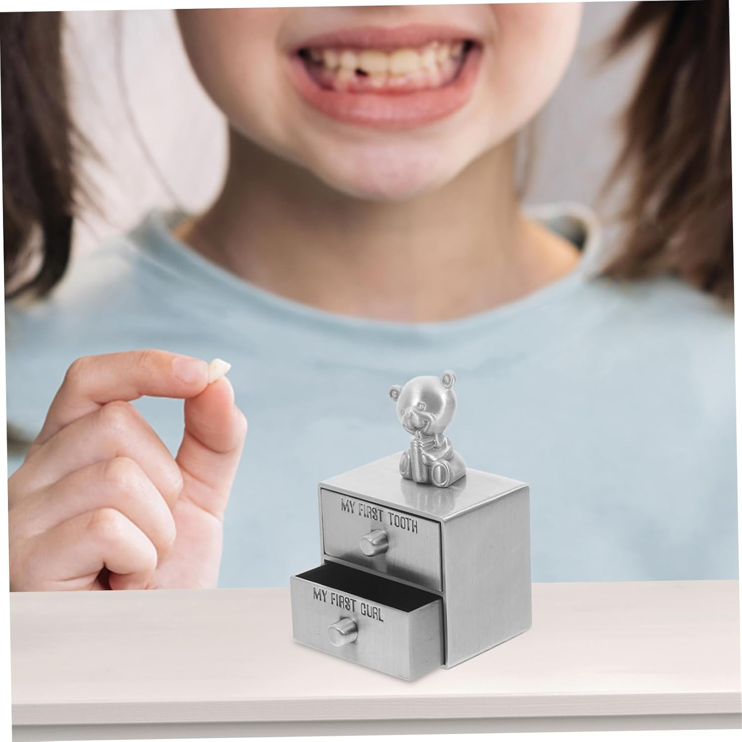 First Tooth and Hair Keepsake Box Metal Organizer for Fetal Hair and Deciduous Teeth Adorable Double Container for Cherishing Memories for Boys image number 2