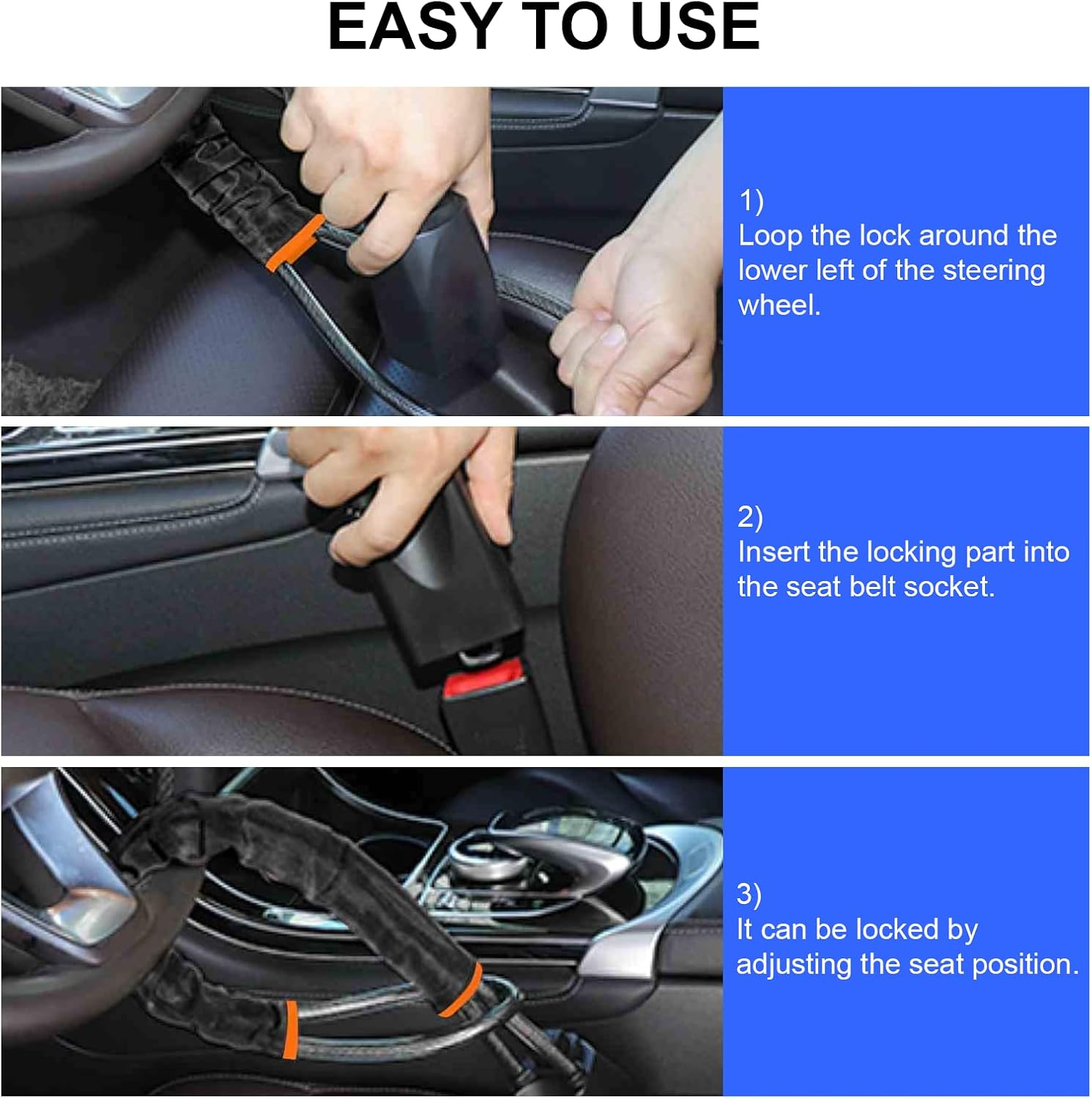 MAEZOE Car Steering Wheel Lock with 3 Keys, Seat Buckle Lock, Anti-Theft Device Theft Prevention Car Lock Fit Most Car, SUV, Van