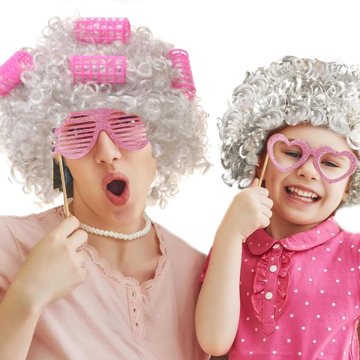 HENWUBEI 7 Piece Old Lady Cosplay Set, Grey Granny Wig Curls Necklace and Fake Eyeglasses Set,Halloween Masquerade Party Witch Decoration 100 Days of School Event