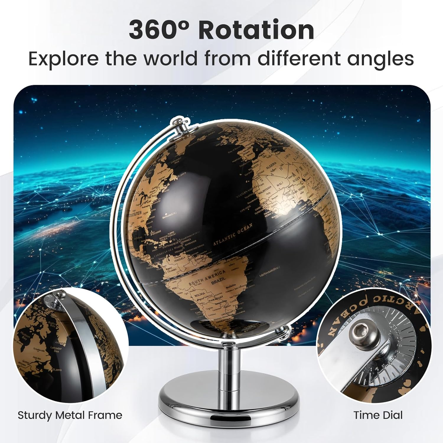 FANTASK 20 Cm Globe - English Map, Educational/Geographices Student Globe with Metal Stand, Modern Teaching Material Globes for Home, Office & School (Gold)