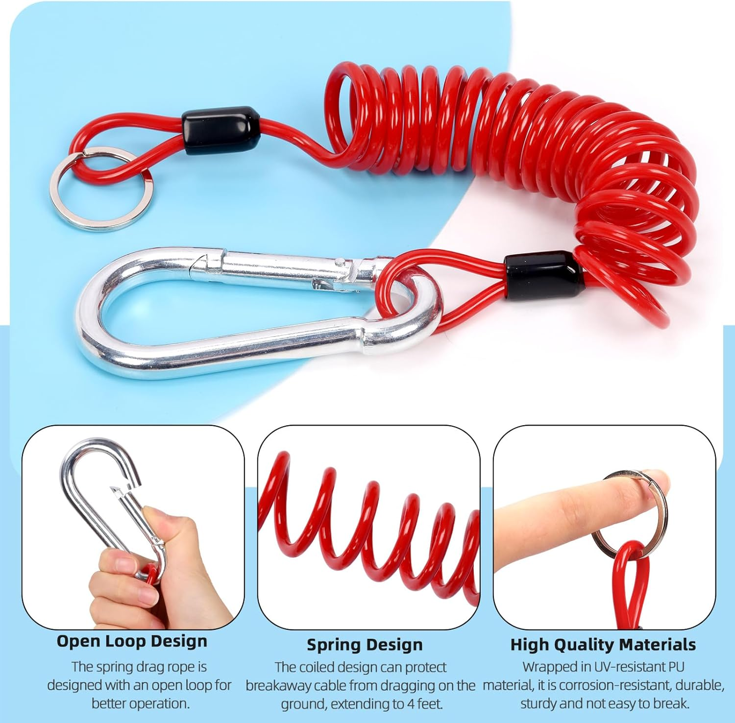 Glarks 6FT Breakaway Trailer Cable Trailer Brake Cable Stainless Steel Spring Towing Coiled Wire Safety Cables Strap Ground Clip for RV Towing Trailer Emergency