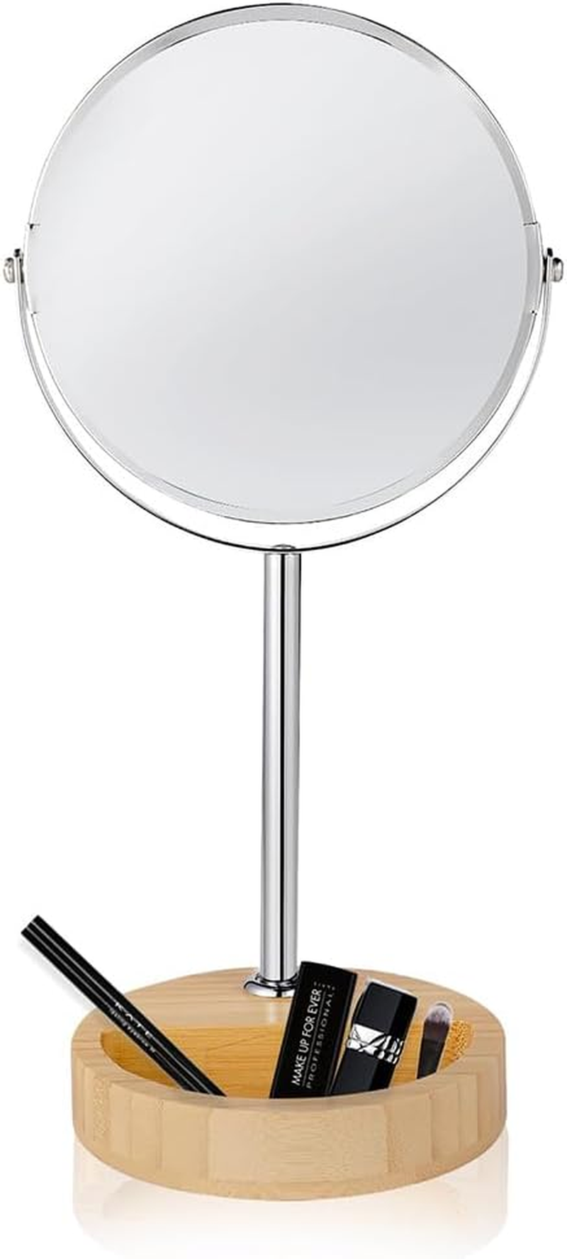 7 Inch Double-Sided Vanity Makeup Mirror with 1X/3X Magnification, 360&deg; Swivel round Tabletop Mirror with Natural Bamboo Stand and Storage Tray for Bathroom or Bedroom