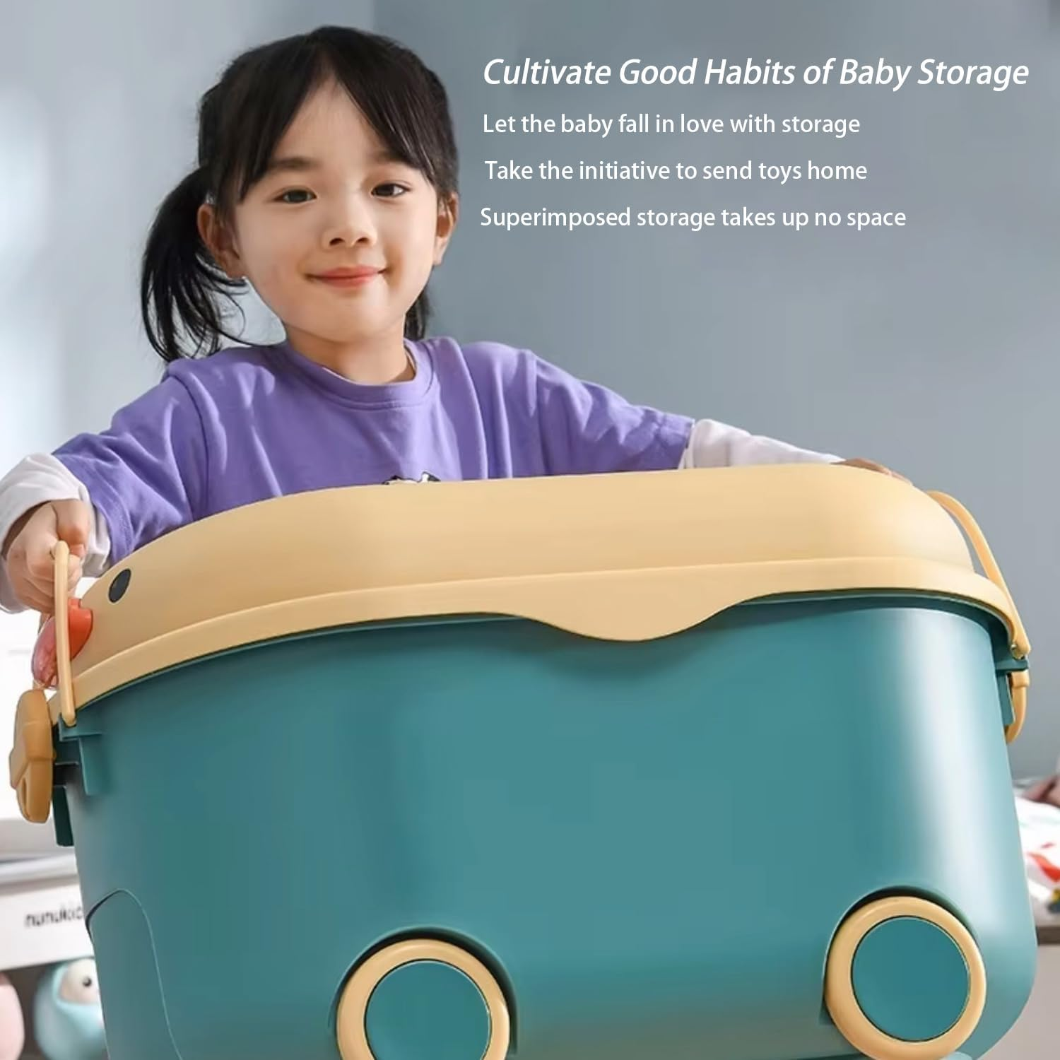 Kid&rsquo;S Storage Chest Toy Box with Wheels Toy Organizers Household Cute Duck Organizing Snack Box Baby Clothes Storage Organizer (Blue, Extra Large) image number 5