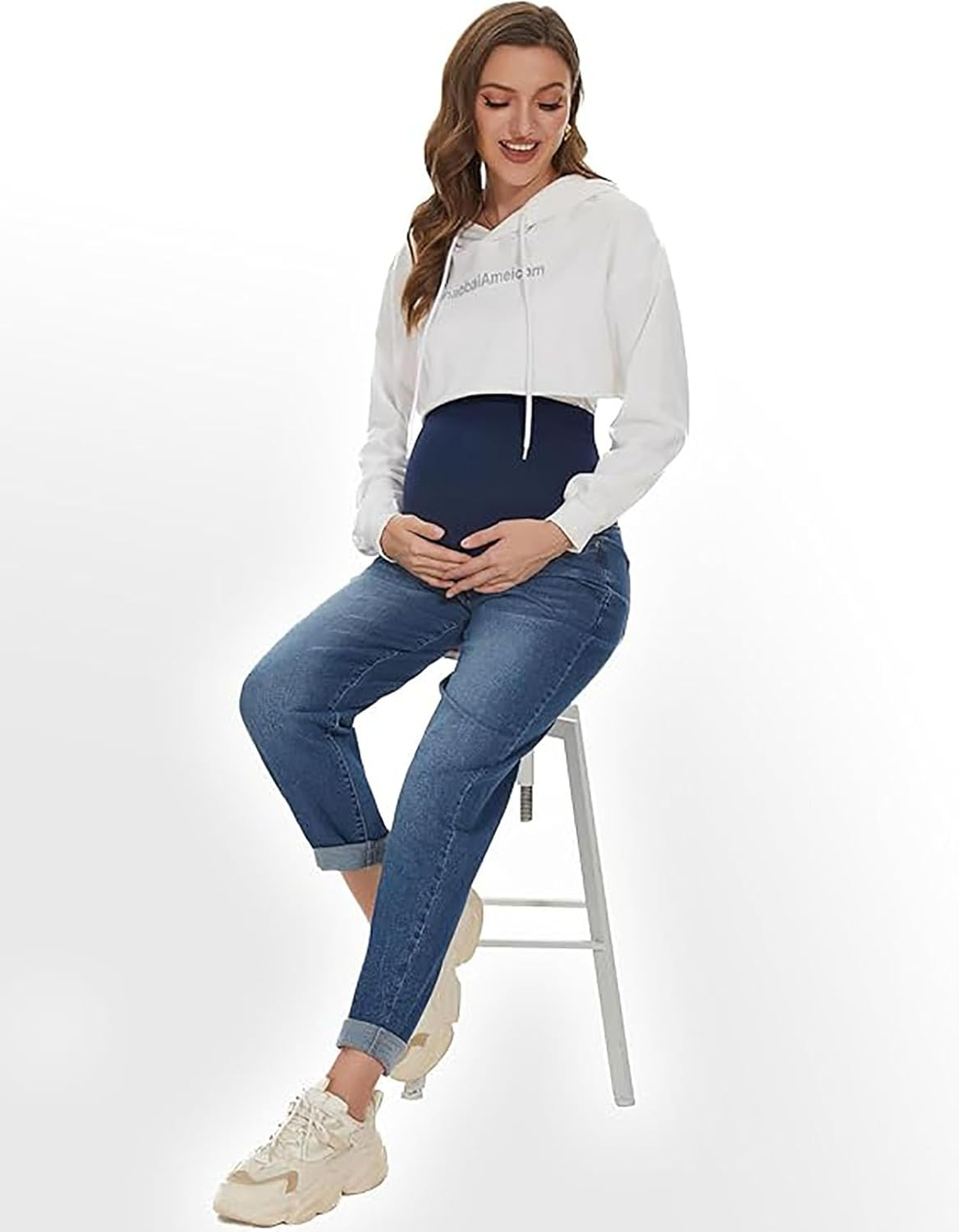 Women'S Maternity Jeans over Belly Comfortable Stretch Boyfriend Jeans Denim Pregnancy Trousers Blue,M image number 5