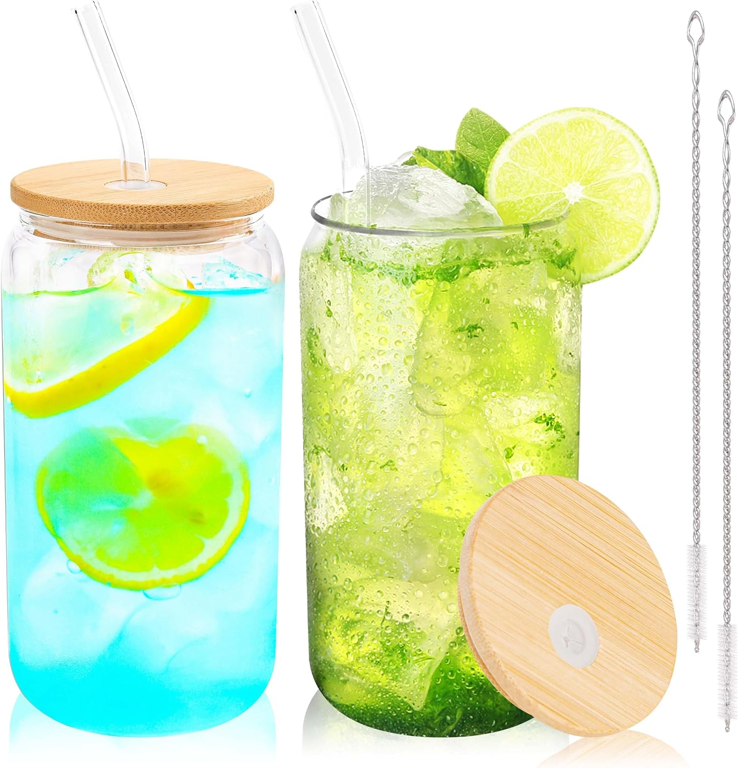Joyclub Glass Cups with Bamboo Lids and Straws 2 Set 16 Oz Reusable Iced Coffee Cup Beer Can Drinking Jars for Smoothie Whiskey Boba Soda Tea Gift image number 3