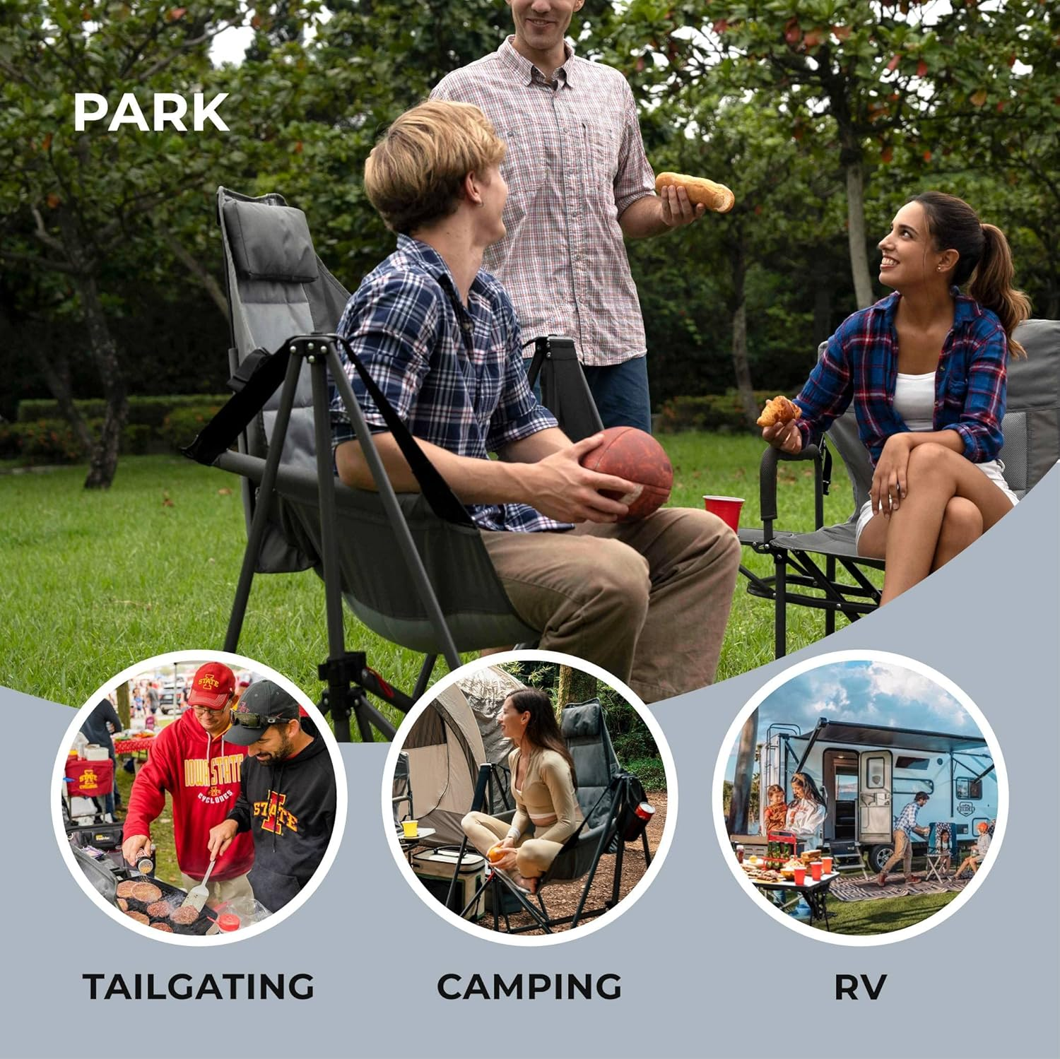 Camphor Designs Portable Swing Hammock Chair | Foldable Recliner Rocking Lounger with Headrest & Drink Holder | Outdoor Sports, Beach, Lawn, Hunting, Tailgating, Fishing | Supports 300Lbs (Grey) image number 5