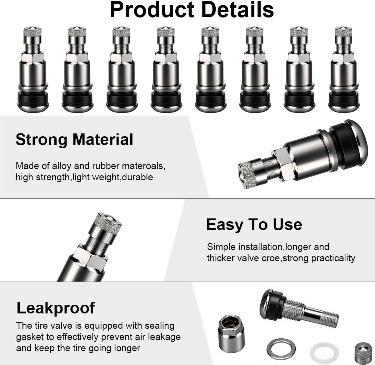 Ruayia Universal Tyre Valve, 8 Pieces, Car Valve, Key, Metal Valves for Aluminium Rims, Car Tyre Valves, Air Valves, Steel Valves, Wheel Valves, Tyre Valves, Pack of 8 image number 4