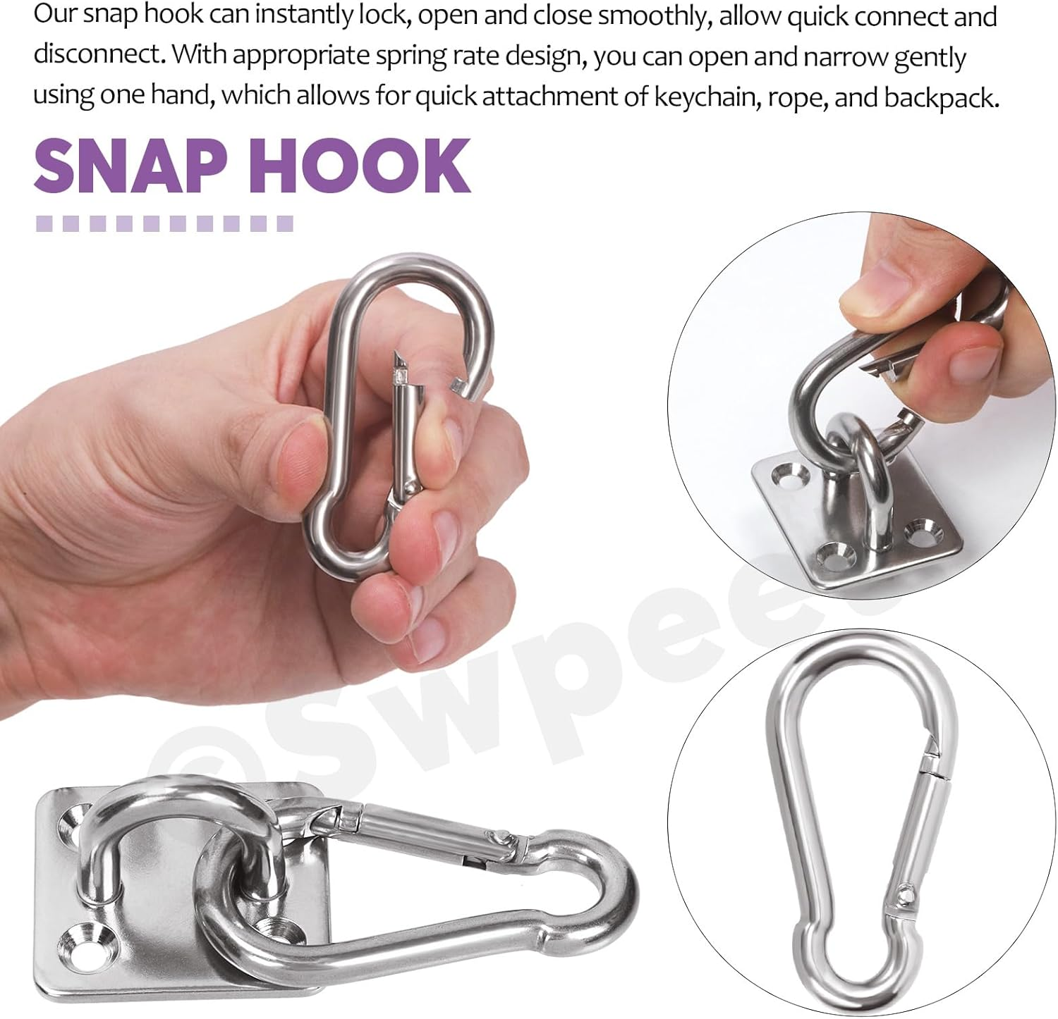 Swpeet 24 Pcs M8 Premium Heavy Duty Oval Stainless Steel Screw Hooks Kit with Pad Eye Hooks, Snap Hooks, Screws with Plastic Expansion Tube, Ceiling Hooks for Outdoor Indoor Activity image number 3