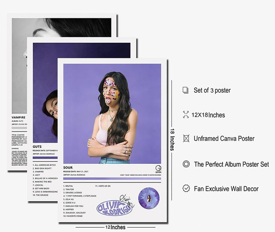 BATWHO Olivia a Set of 3 Canvas Posters - GUTS, SOUR, VAMPIRE Rodrigo Album Aesthetics - 12X18In Unframed Prints image number 4