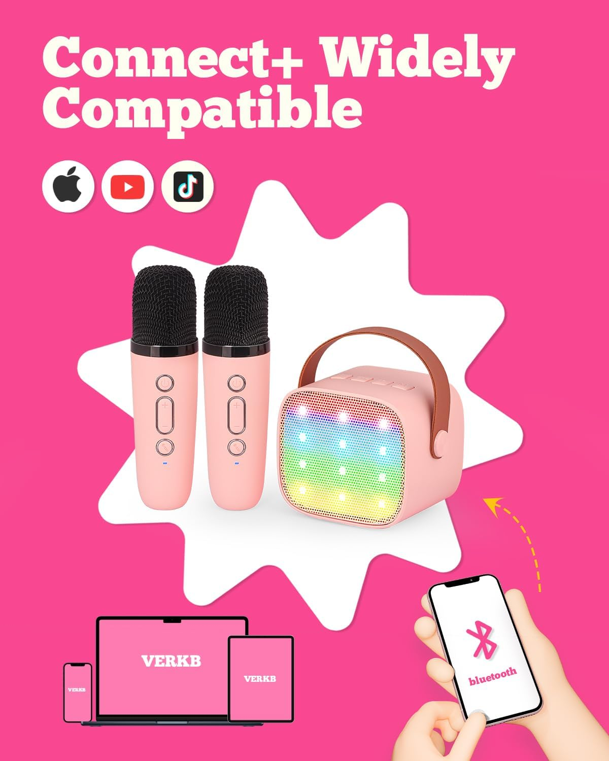 Kids Karaoke Machine, Kids Toys Girls Birthday Gift, Mini Portable Bluetooth Speaker with 2 Wireless Microphone for Girl 5,6,7,8,10+Year Old(Pink) image number 4