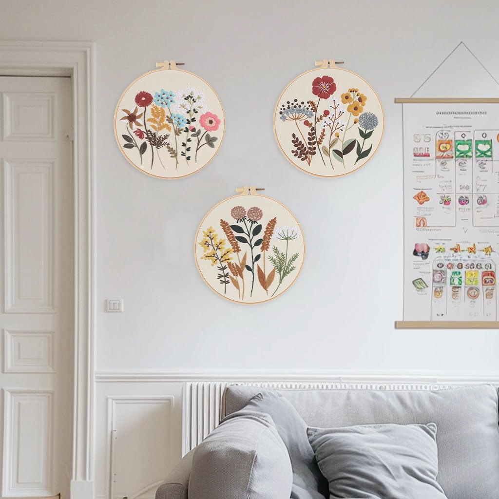 Offizon 3 PCS Embroidery Kit for Beginners - Floral Embroidery Accessories & Hoop Included, Hand Embroidery Kit for Adults Stitching Sewing Kit Gift | Flowera Patterns image number 3