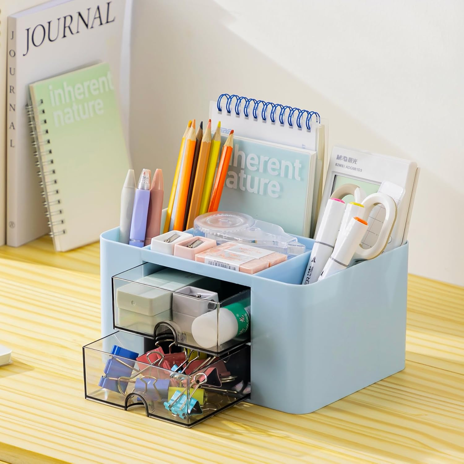 3-Piece Desk Organizer with 2 Drawers, Office Supplies Organizer, Cute Desk Accessories with Plastic, Pen Holder, Blue image number 4