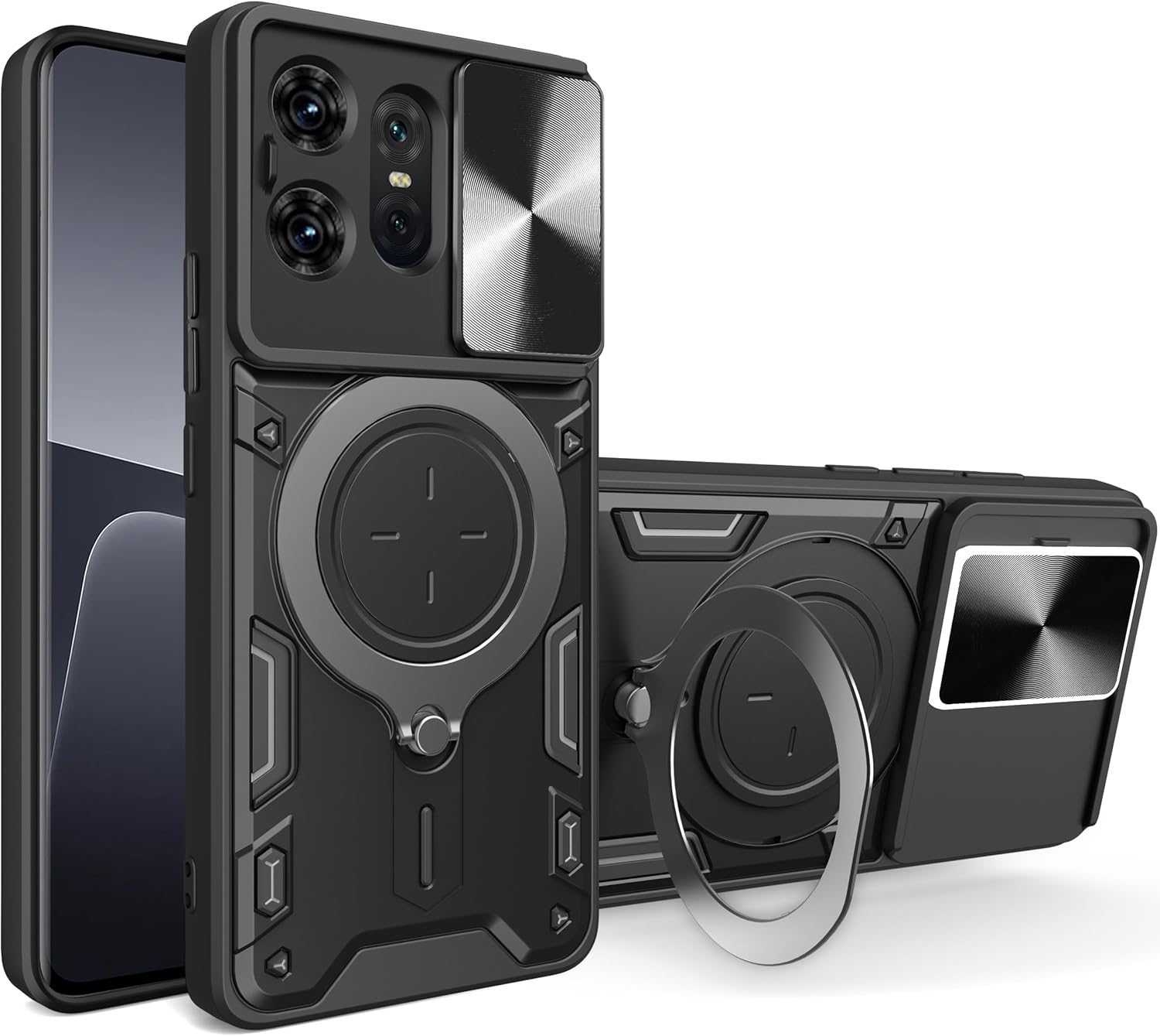 For Motorola Edge 50 5G (6.7 Inch) Case Shockproof with Back Camera Slide Window Cover, FORZARMOR Ring Kickstand Armor Military Rugged Cover (For Edge 50, Black)