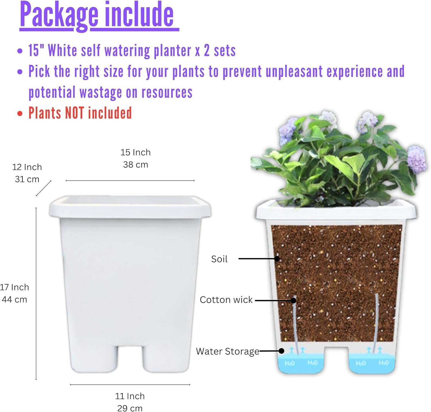 Lalagreen Large Tall Planters for Outdoor Plants (2 Pack, 15 Inch) White Rectangular Self Watering Flower Pot with Caster, Big Tree Pot for Modern Stylish Indoor Houseplant outside Balcony Garden image number 3