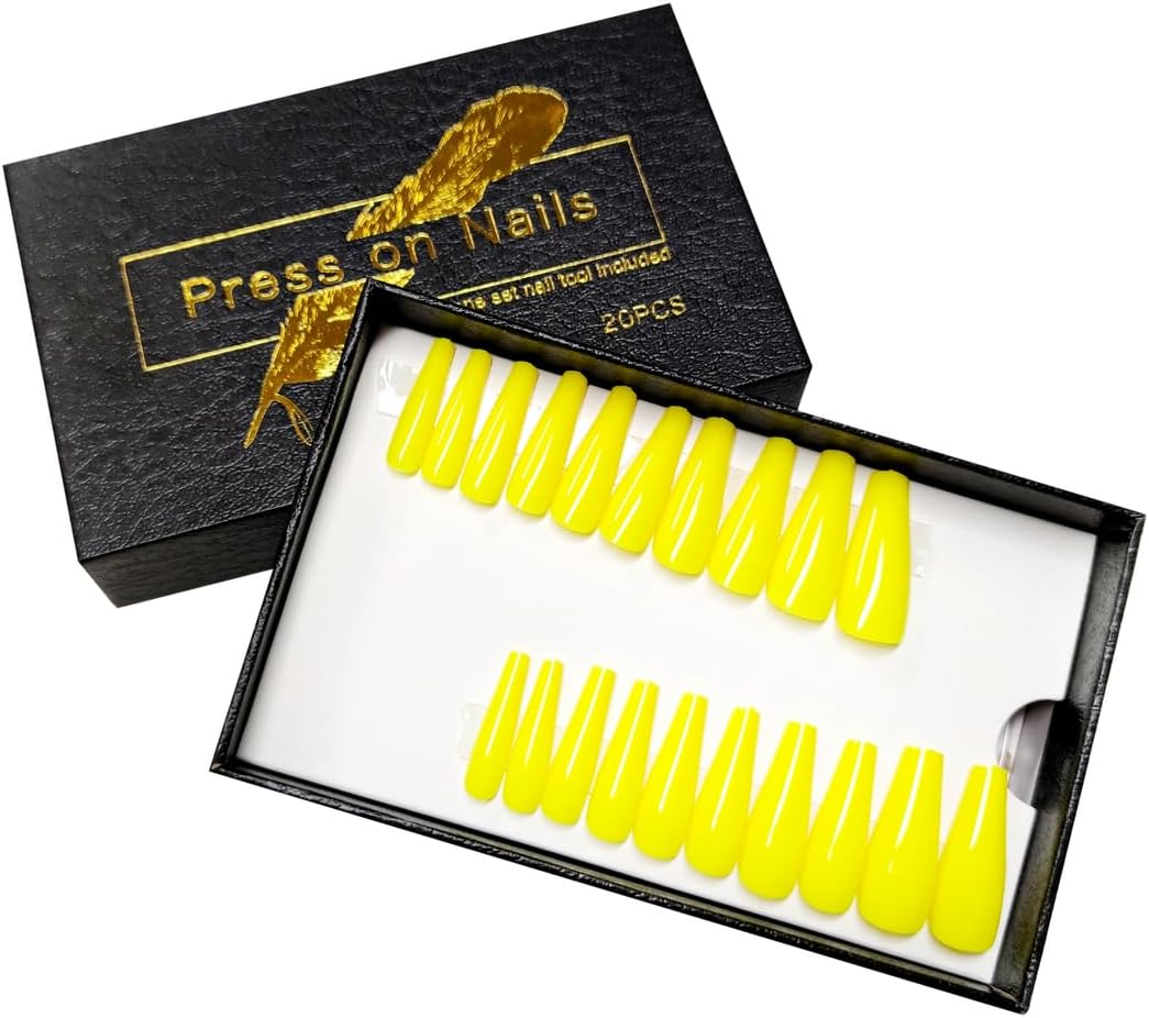 Press on Nails Fake Long Coffin Nail Tips Yellow Gloss 20 Pcs image number 2