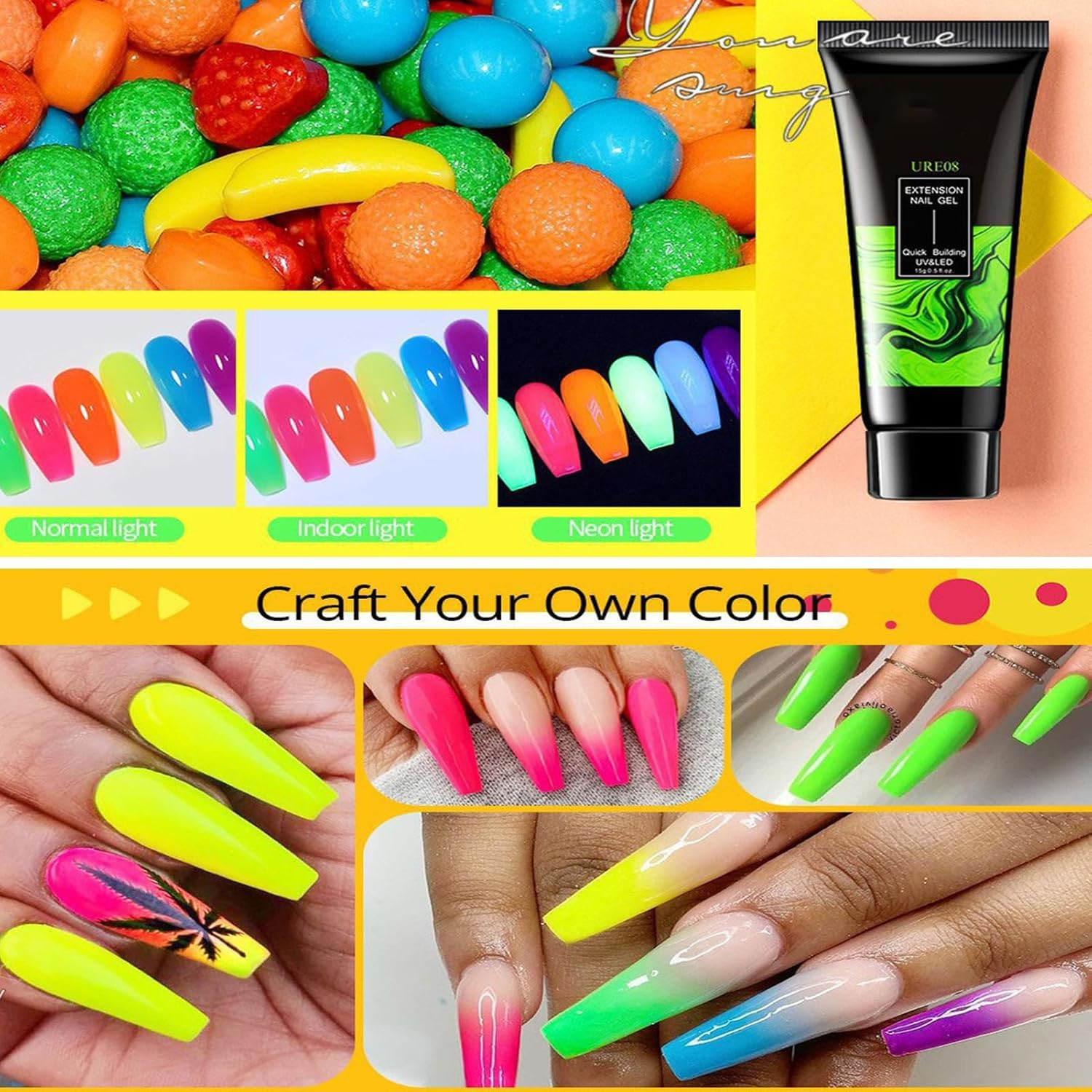 Semi-Permanent Gel Polish &ndash; UV Formula, Fluorescent, Shiny | Set of 6 Colours with Shiny Flakes Effect in the Dark, Durable Adhesive for Nail Reconstruction and Professional Female Quick Manicure