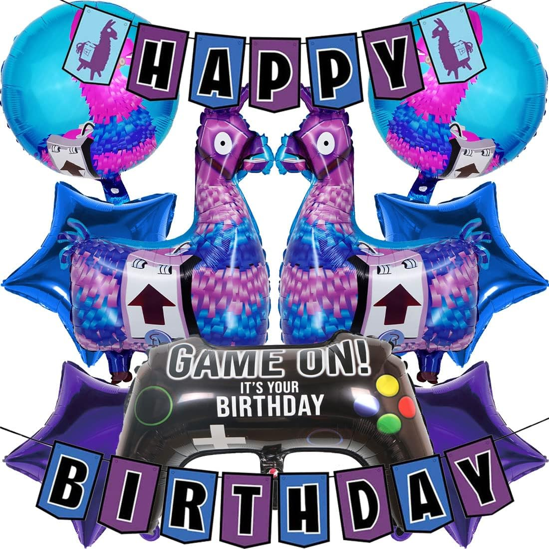 Video Game Party Balloons and Banner Set (Pack of 10) - Blue, Purple Star Foil & Paper Balloons - Gamepad, Alpaca & Star Shapes - Reusable - Perfect for Kids' Birthday Parties image number 5
